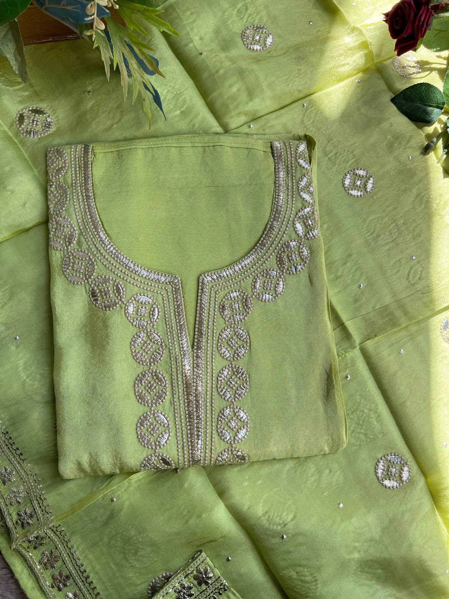 Floral Green Shimmer Silk Ensemble with Beaded Elegance