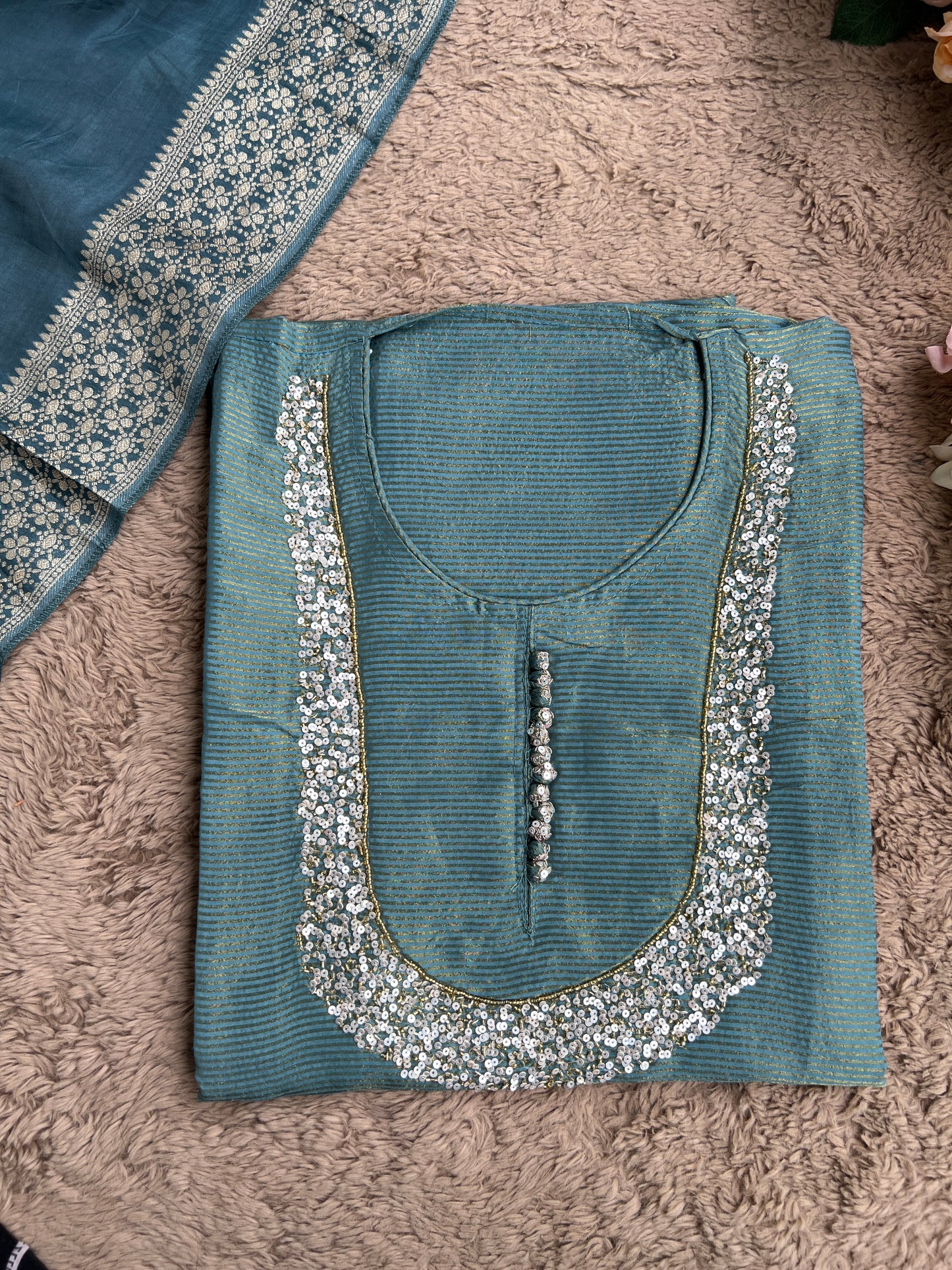 U-Neck Shimmer Silk Suit with Handwork & Floral Dola Silk Dupatta
