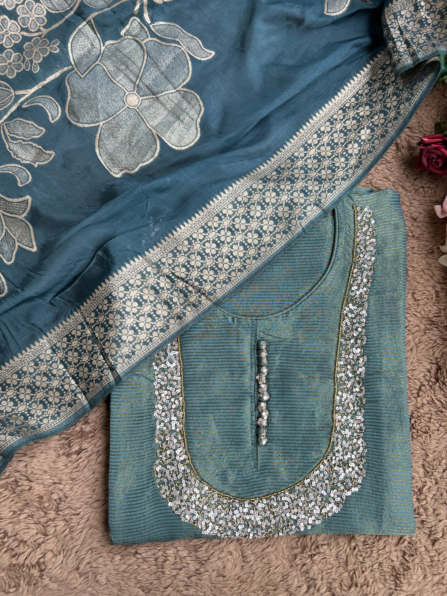 U-Neck Shimmer Silk Suit with Handwork & Floral Dola Silk Dupatta