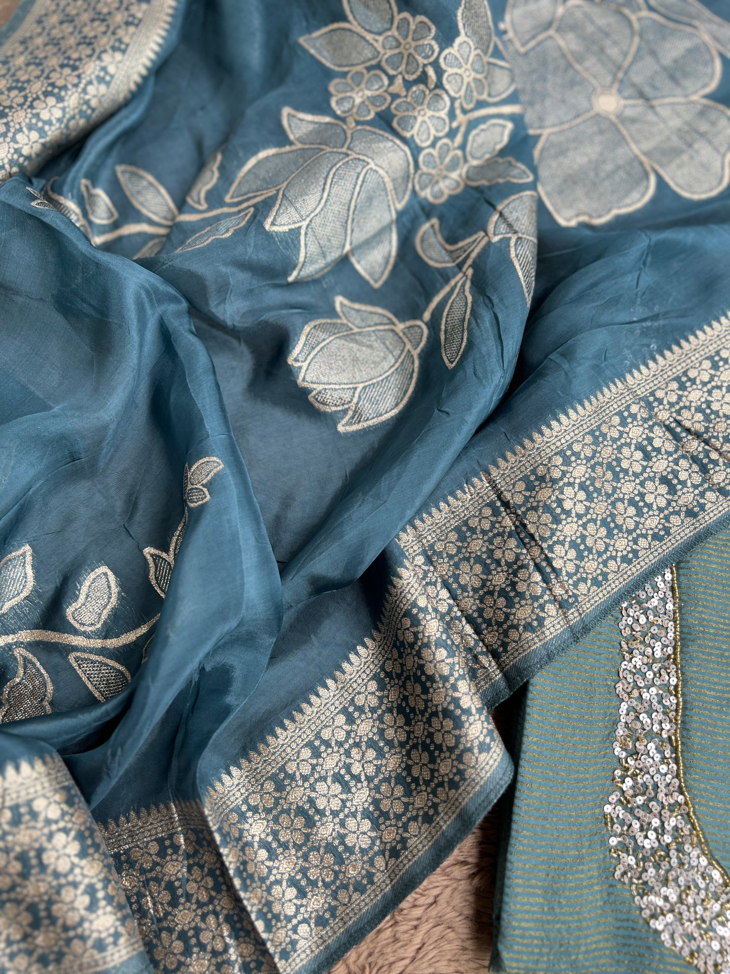 U-Neck Shimmer Silk Suit with Handwork & Floral Dola Silk Dupatta