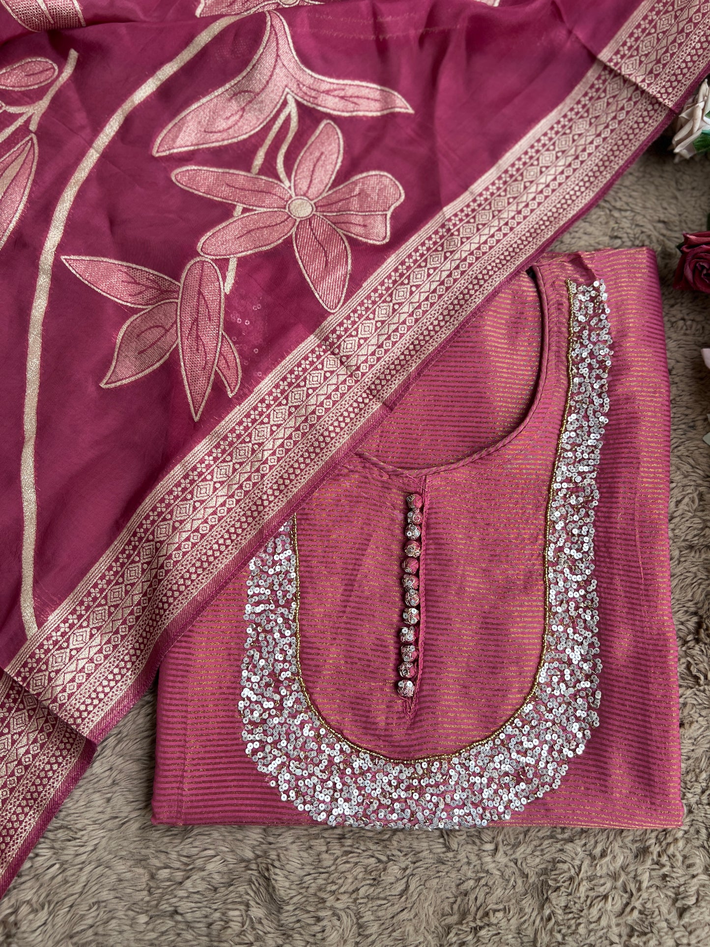 U-Neck Shimmer Silk Suit with Handwork & Floral Dola Silk Dupatta