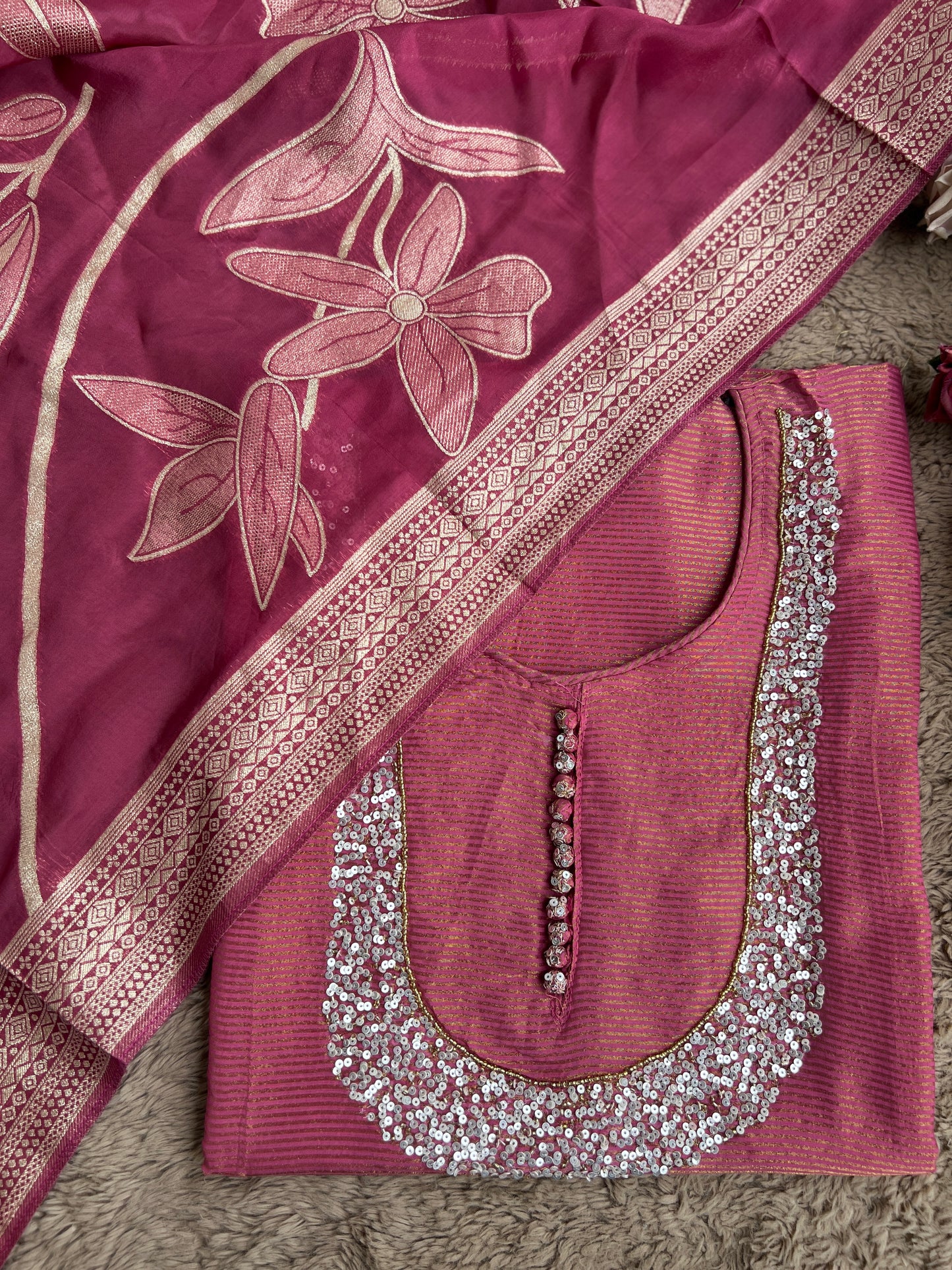 U-Neck Shimmer Silk Suit with Handwork & Floral Dola Silk Dupatta