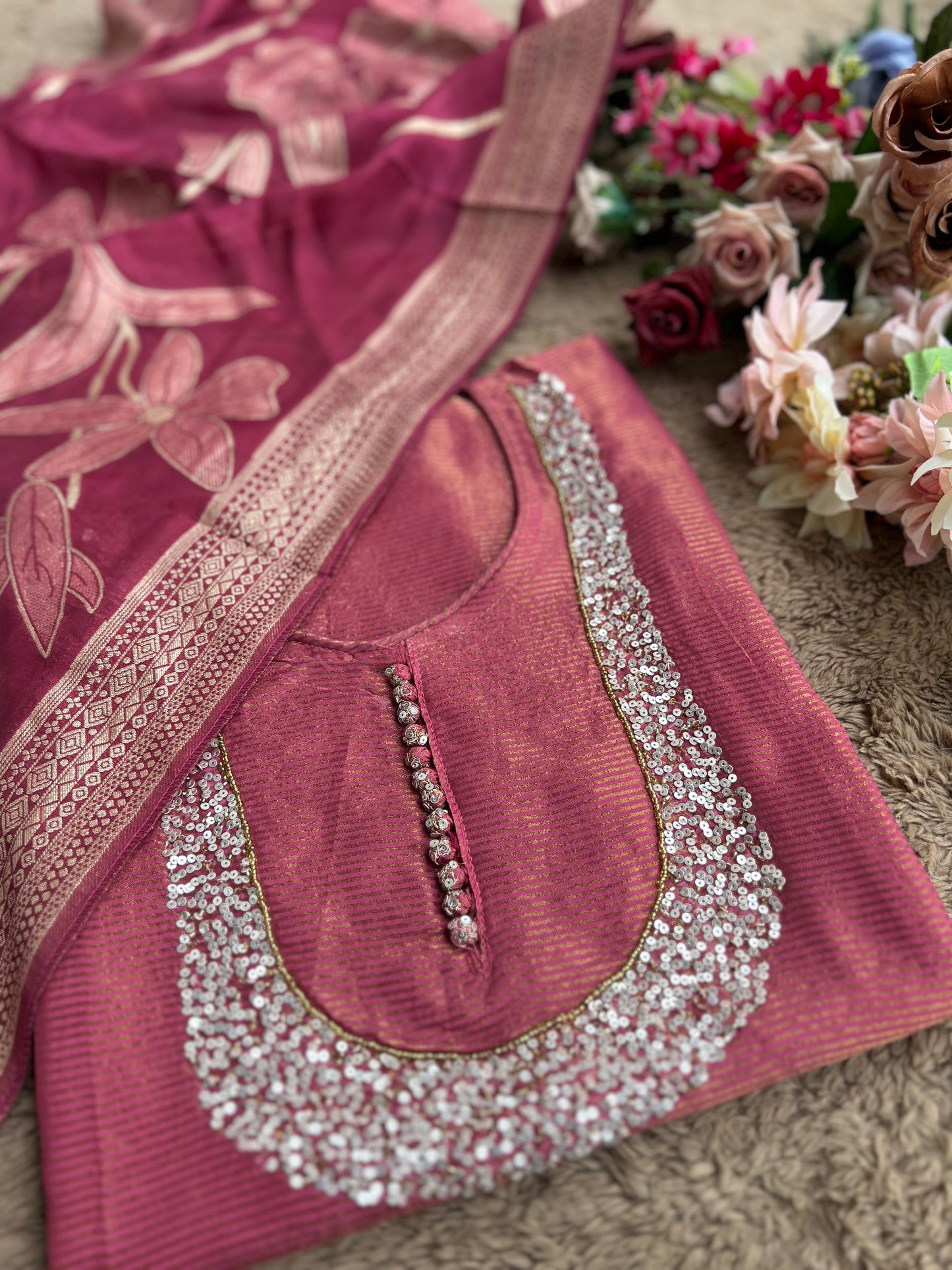 U-Neck Shimmer Silk Suit with Handwork & Floral Dola Silk Dupatta