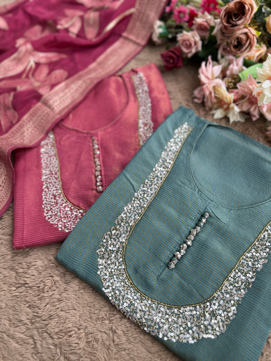 U-Neck Shimmer Silk Suit with Handwork & Floral Dola Silk Dupatta