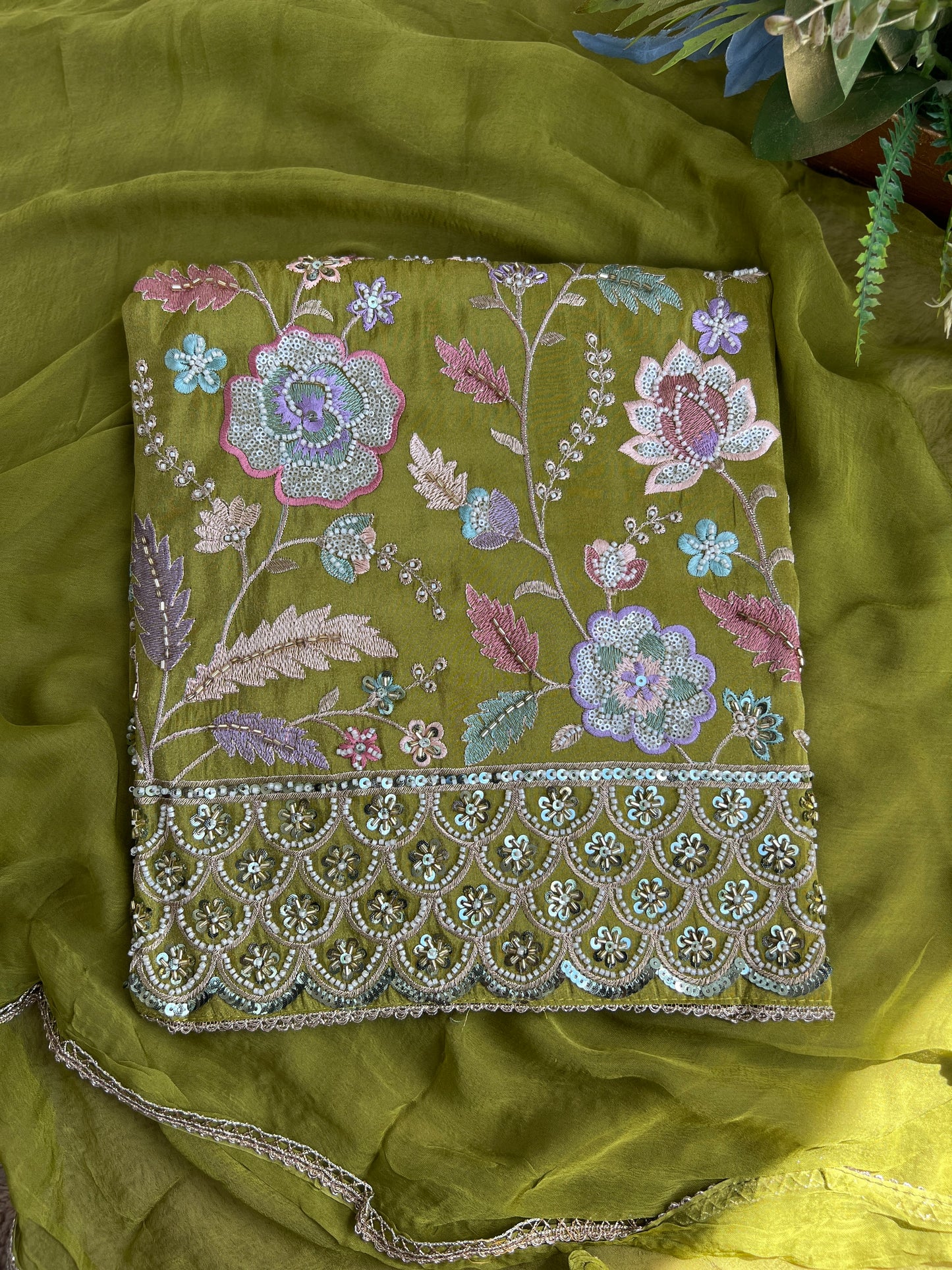 Shimmer Silk Suit with Bead & Pearl Embroidery