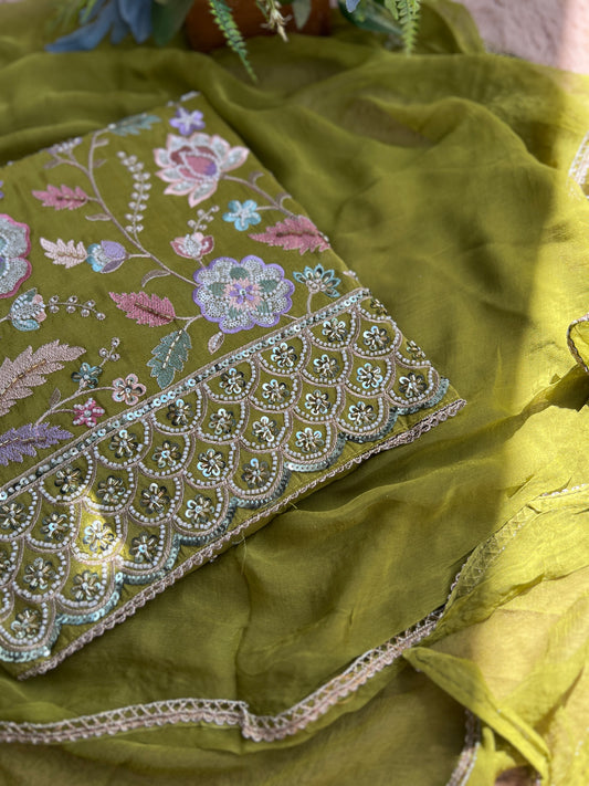 Floral Green Shimmer Silk Ensemble with Beaded Elegance