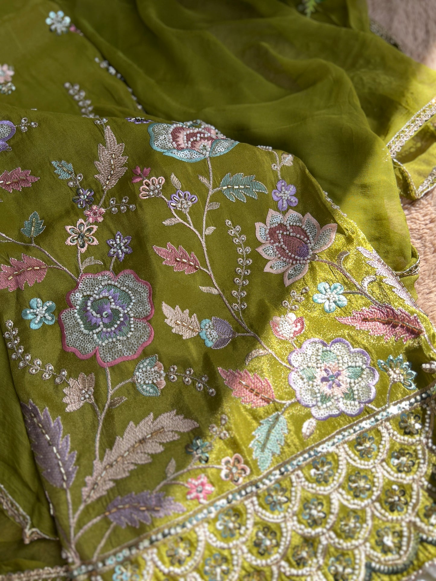 Floral Green Shimmer Silk Ensemble with Beaded Elegance