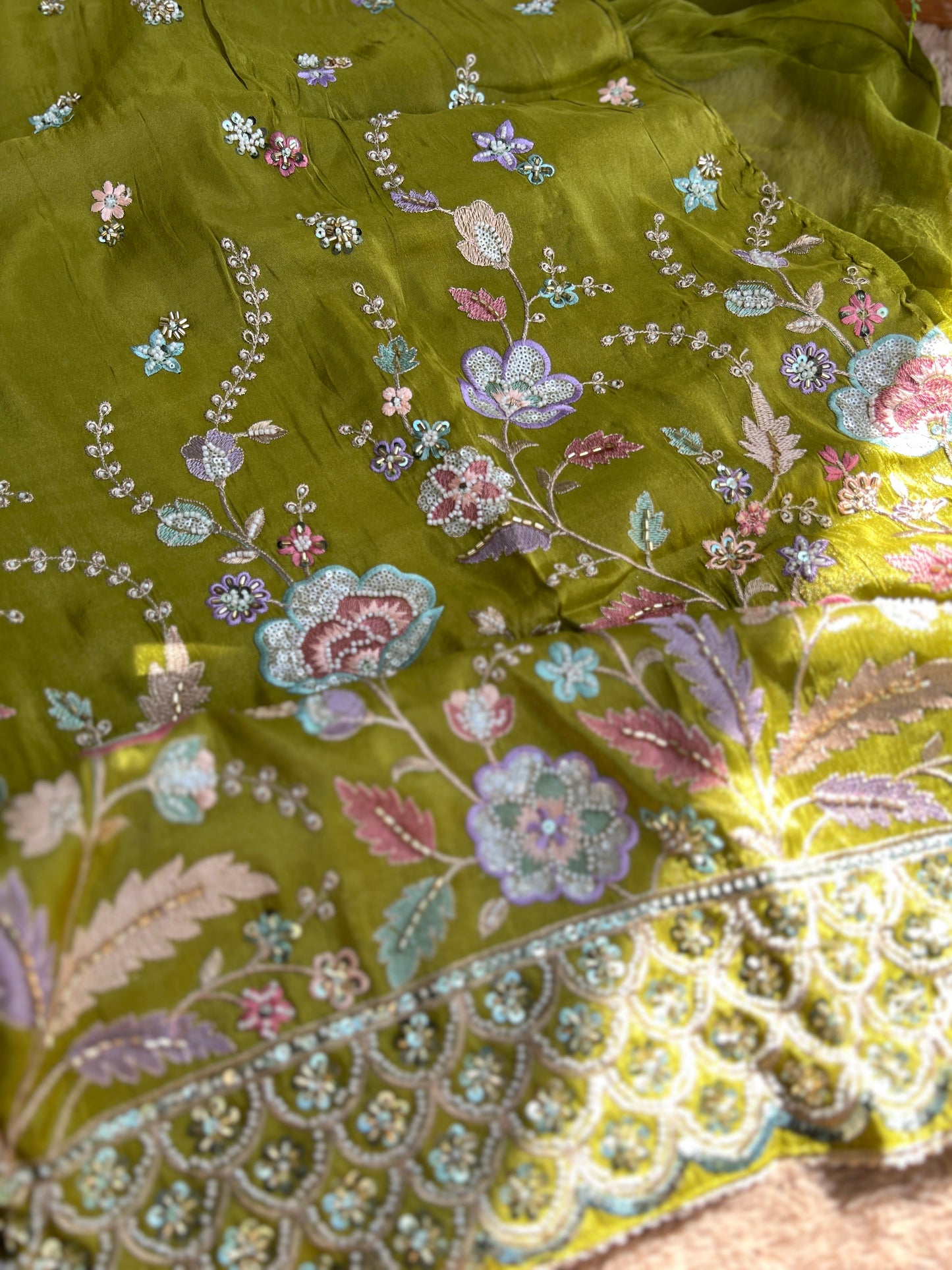 Floral Green Shimmer Silk Ensemble with Beaded Elegance