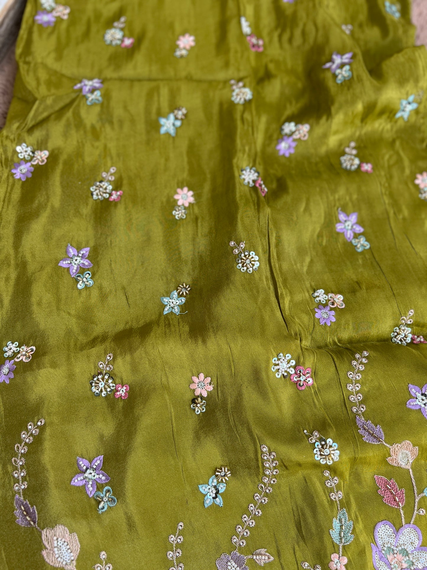Floral Green Shimmer Silk Ensemble with Beaded Elegance