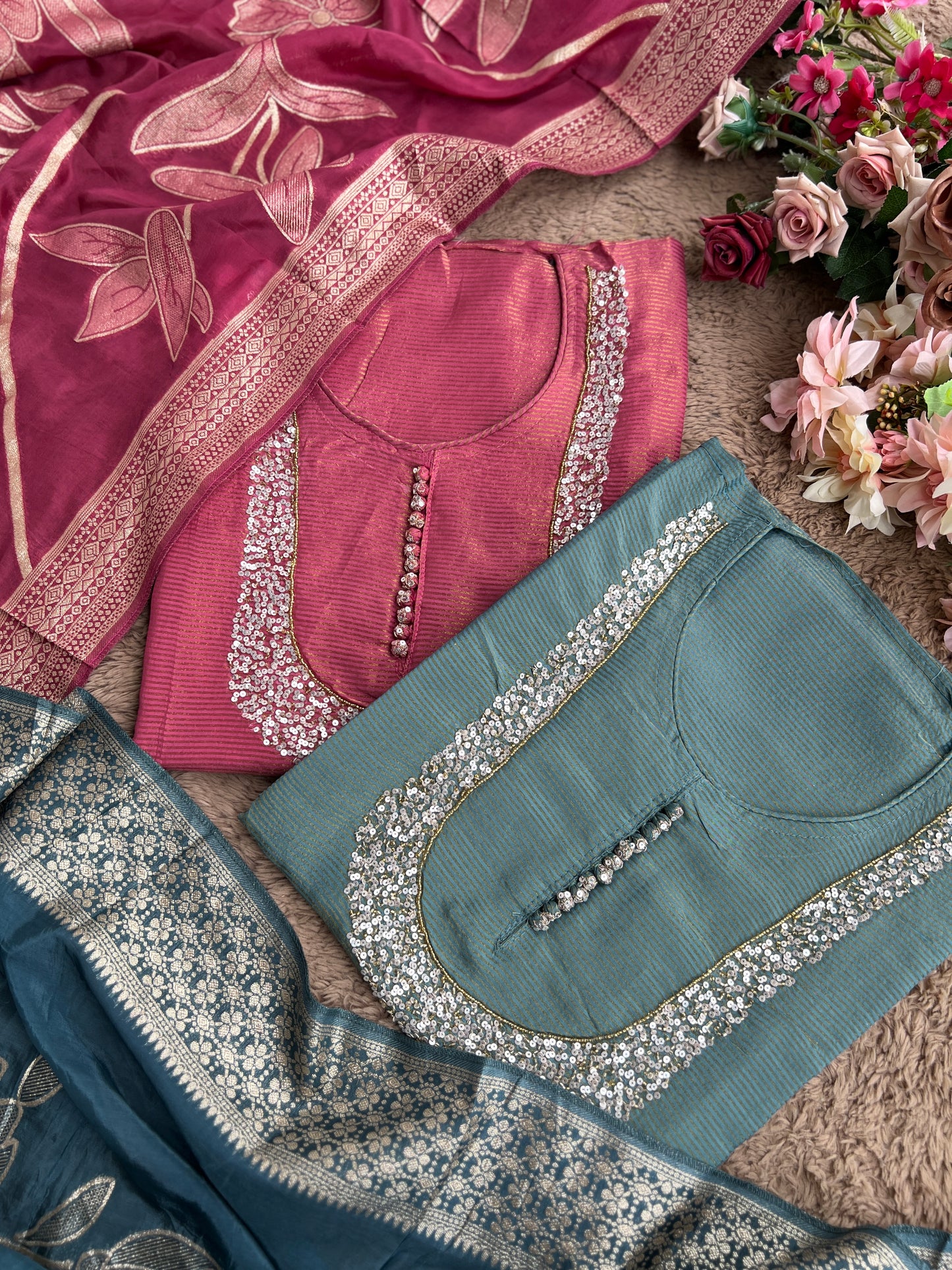 U-Neck Shimmer Silk Suit with Handwork & Floral Dola Silk Dupatta