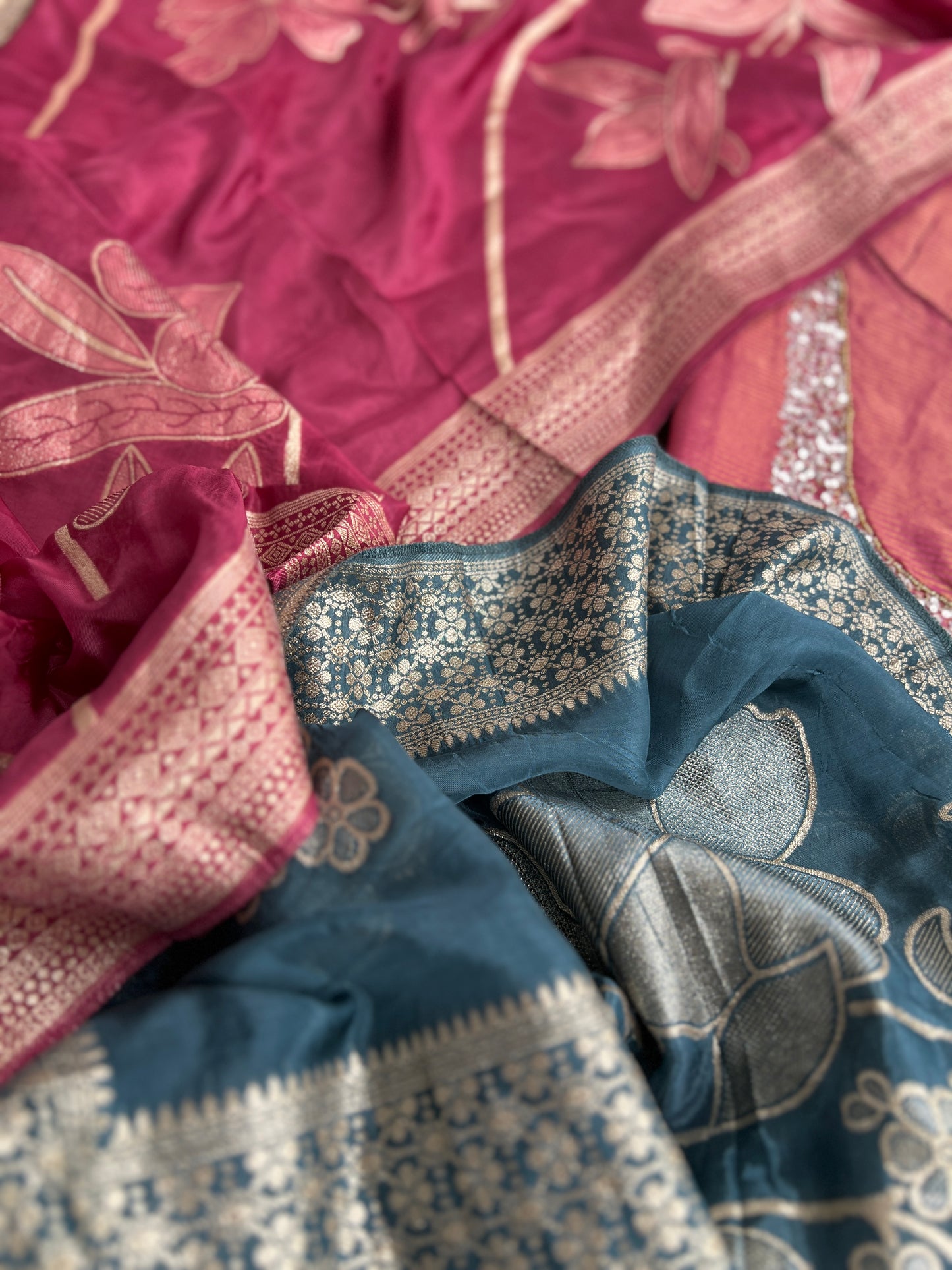 U-Neck Shimmer Silk Suit with Handwork & Floral Dola Silk Dupatta