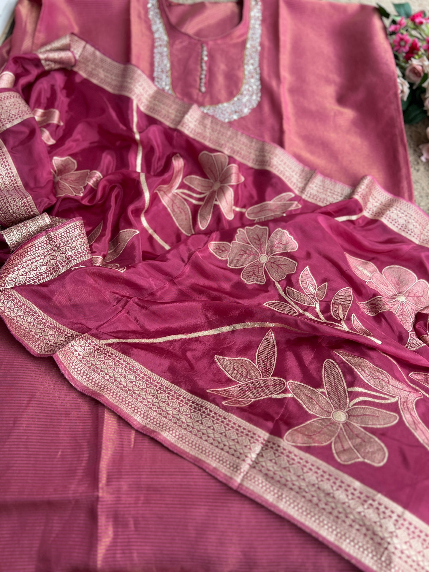 U-Neck Shimmer Silk Suit with Handwork & Floral Dola Silk Dupatta