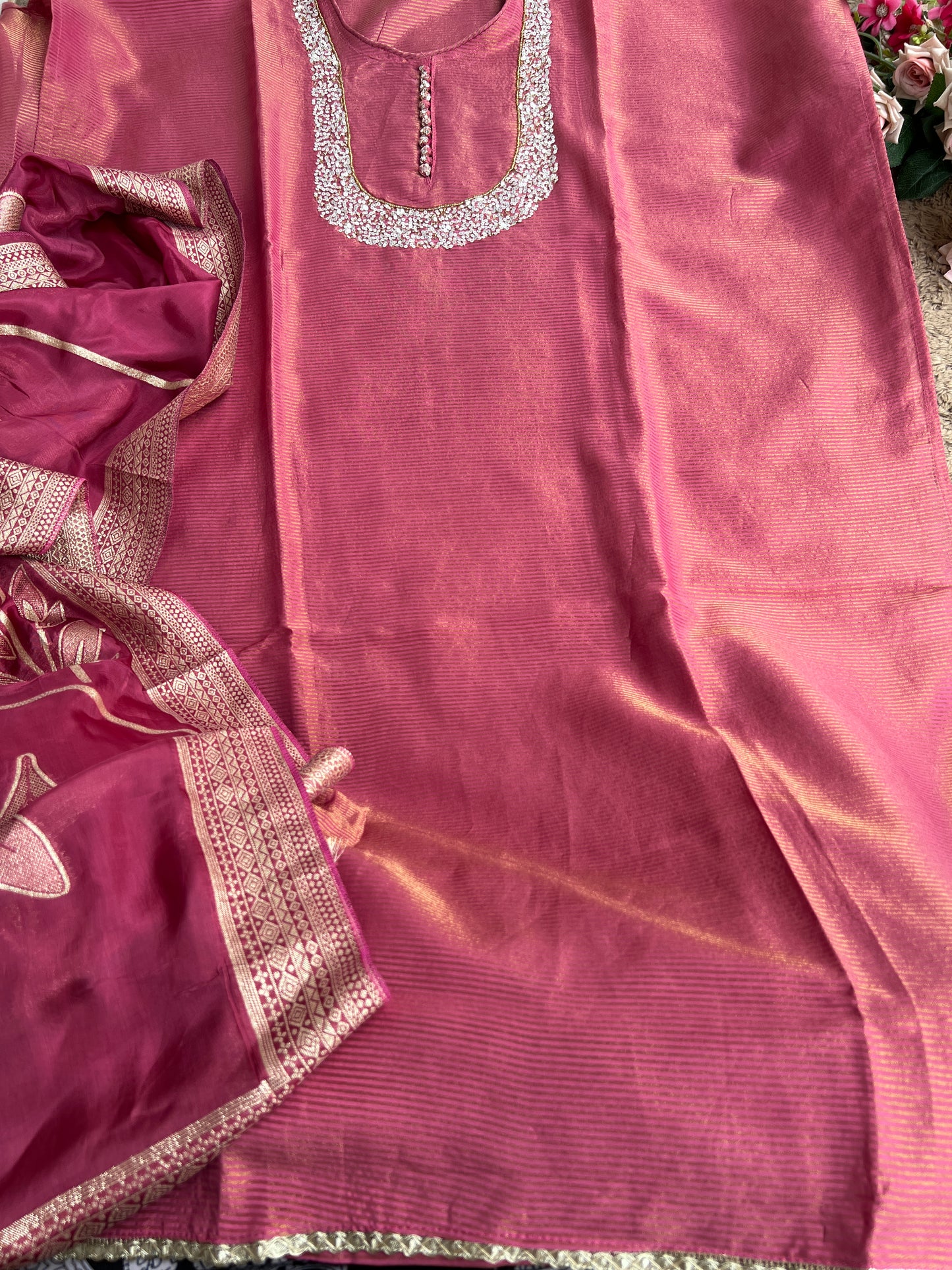 U-Neck Shimmer Silk Suit with Handwork & Floral Dola Silk Dupatta
