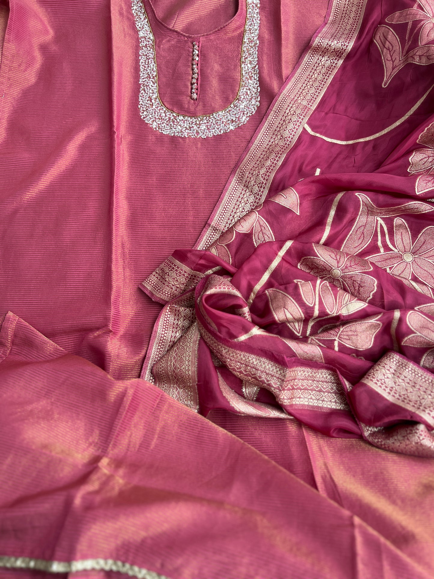 U-Neck Shimmer Silk Suit with Handwork & Floral Dola Silk Dupatta