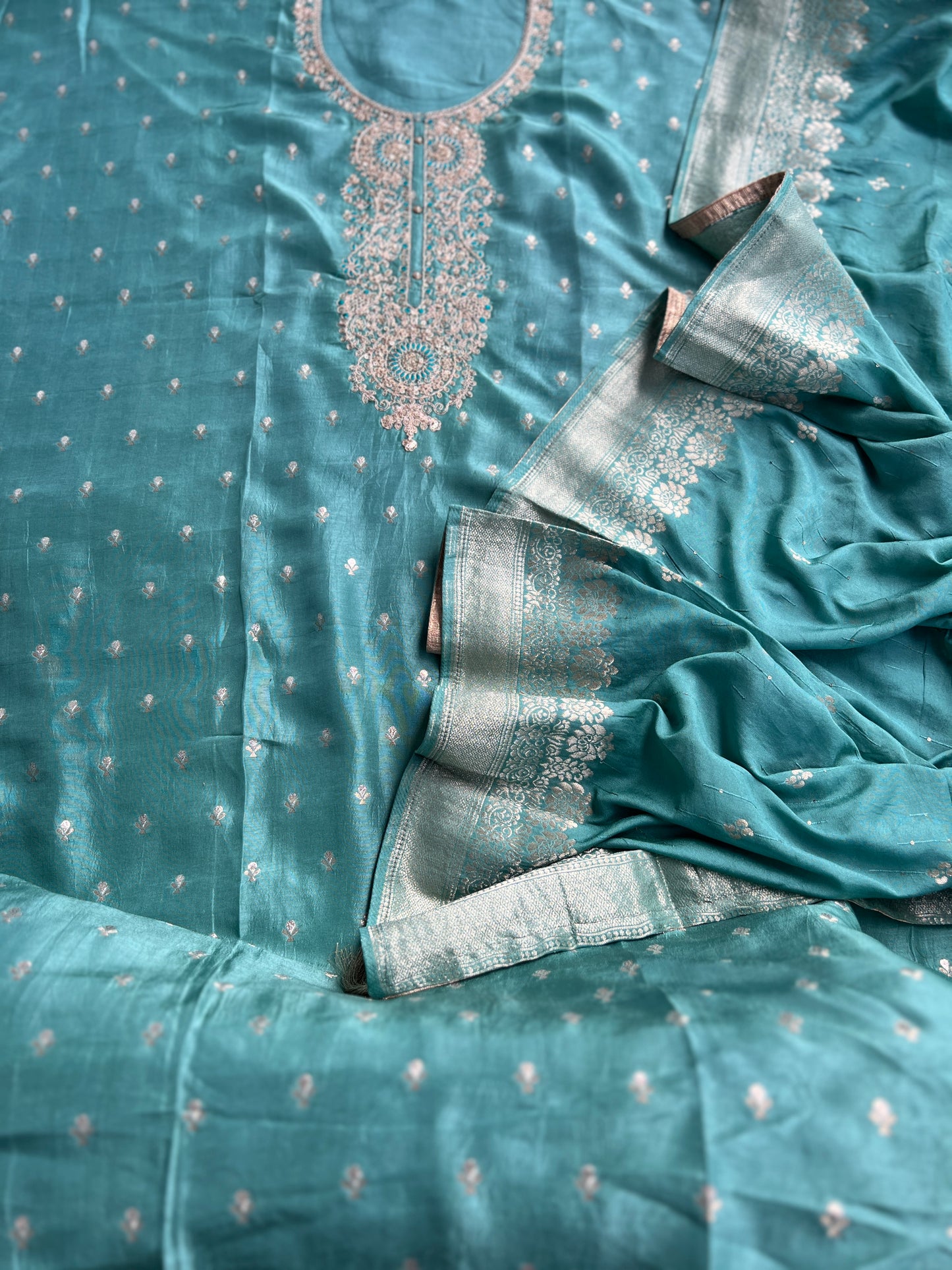 Shimmer Silk Suit with Intricate Embroidered Neck & Dola Banarasi Dupatta