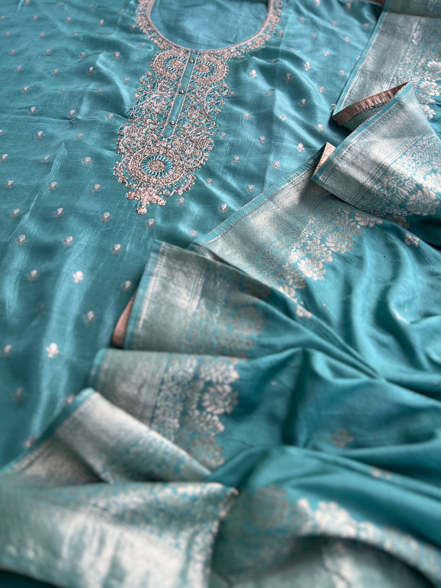 Shimmer Silk Suit with Intricate Embroidered Neck & Dola Banarasi Dupatta