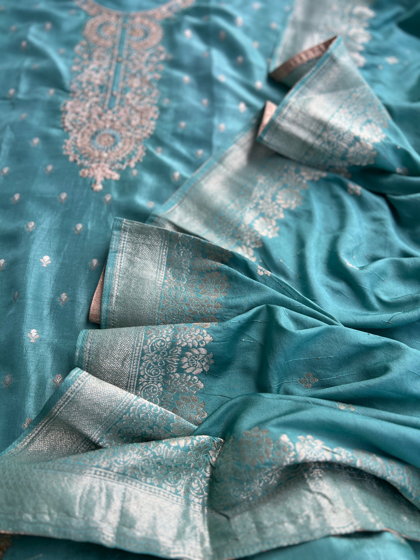 Shimmer Silk Suit with Intricate Embroidered Neck & Dola Banarasi Dupatta
