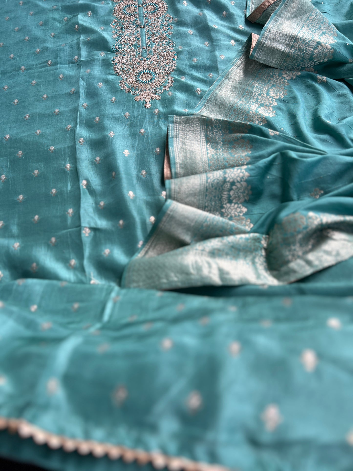 Shimmer Silk Suit with Intricate Embroidered Neck & Dola Banarasi Dupatta