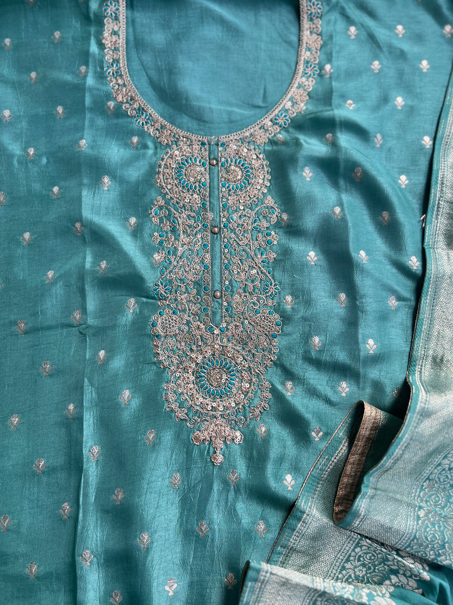 Shimmer Silk Suit with Intricate Embroidered Neck & Dola Banarasi Dupatta