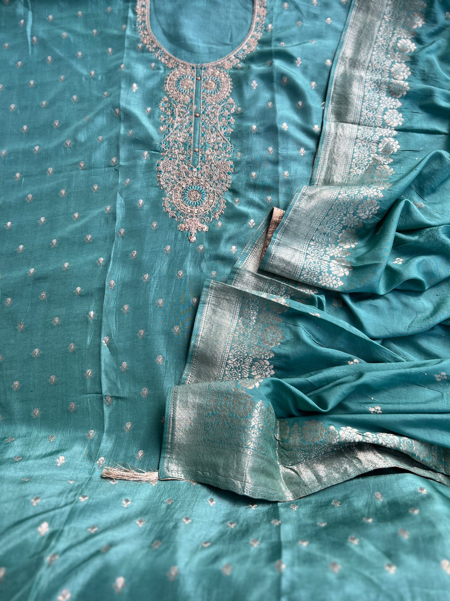 Shimmer Silk Suit with Intricate Embroidered Neck & Dola Banarasi Dupatta