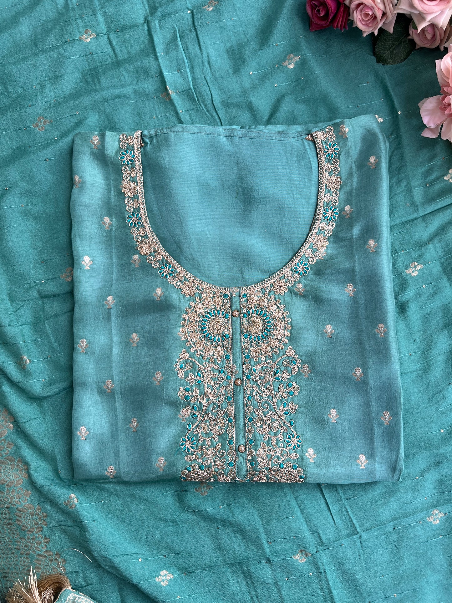 Shimmer Silk Suit with Intricate Embroidered Neck & Dola Banarasi Dupatta