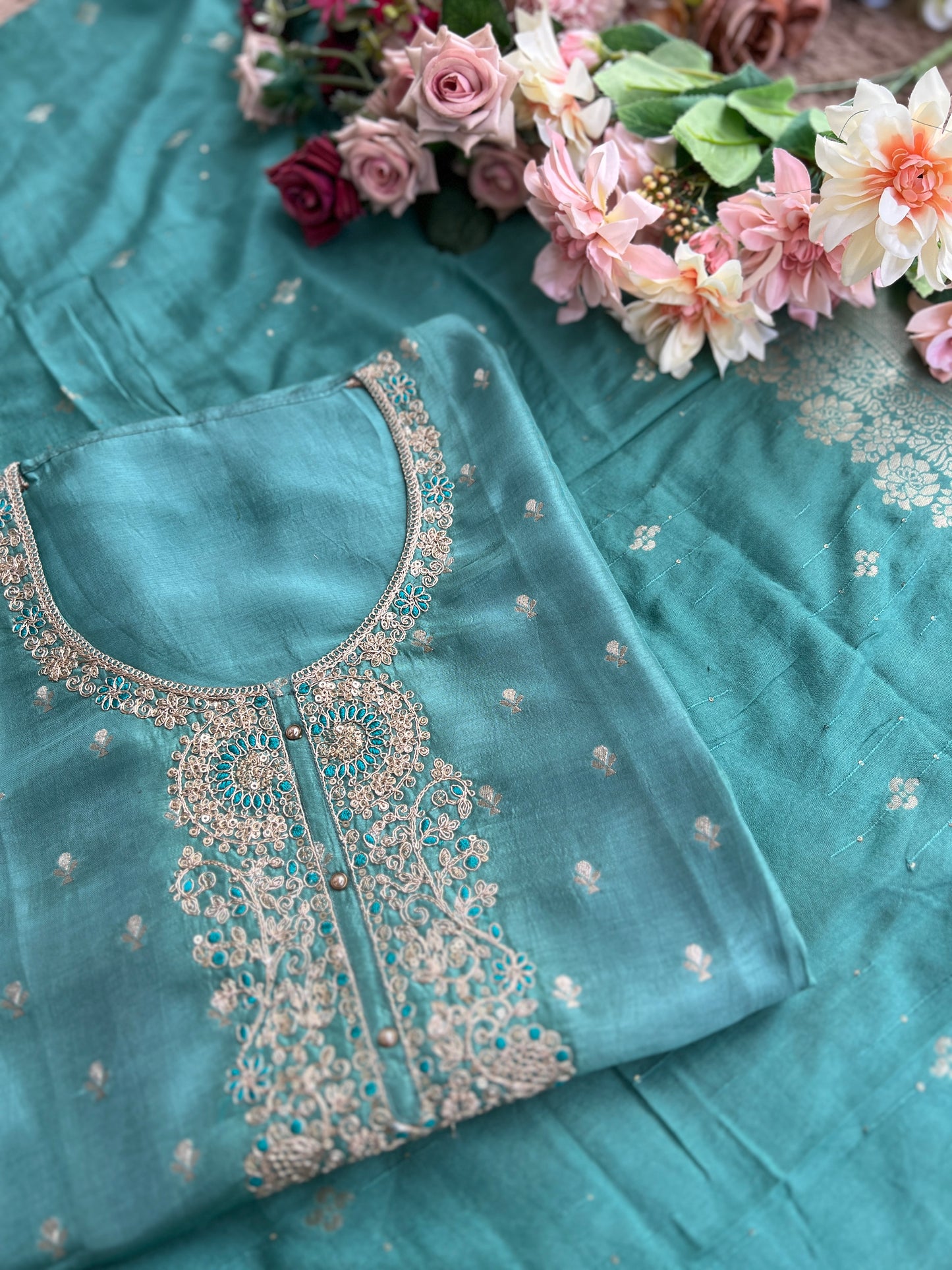 Shimmer Silk Suit with Intricate Embroidered Neck & Dola Banarasi Dupatta