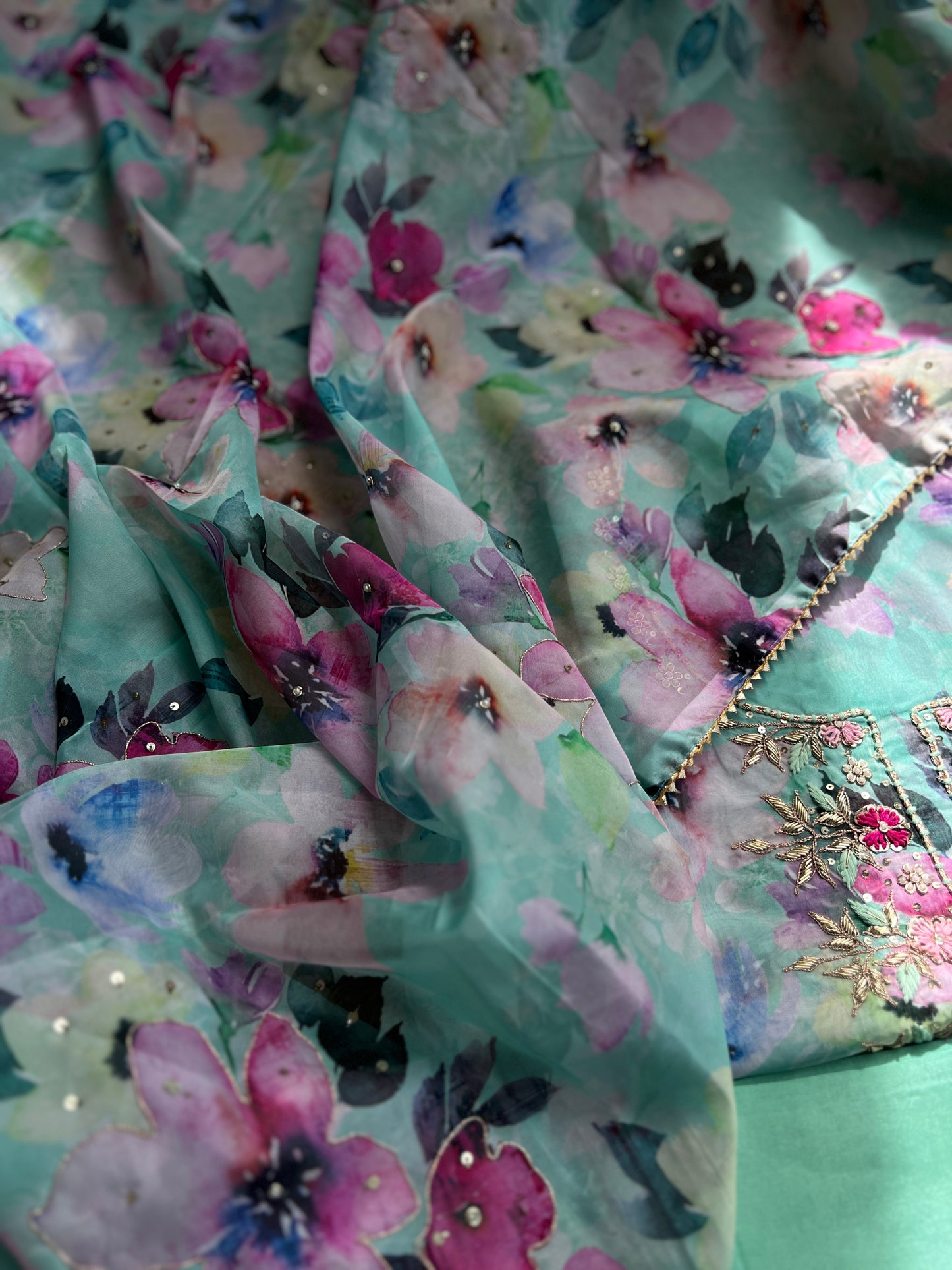 Graceful Soft Organza Suit with Floral Embroidery