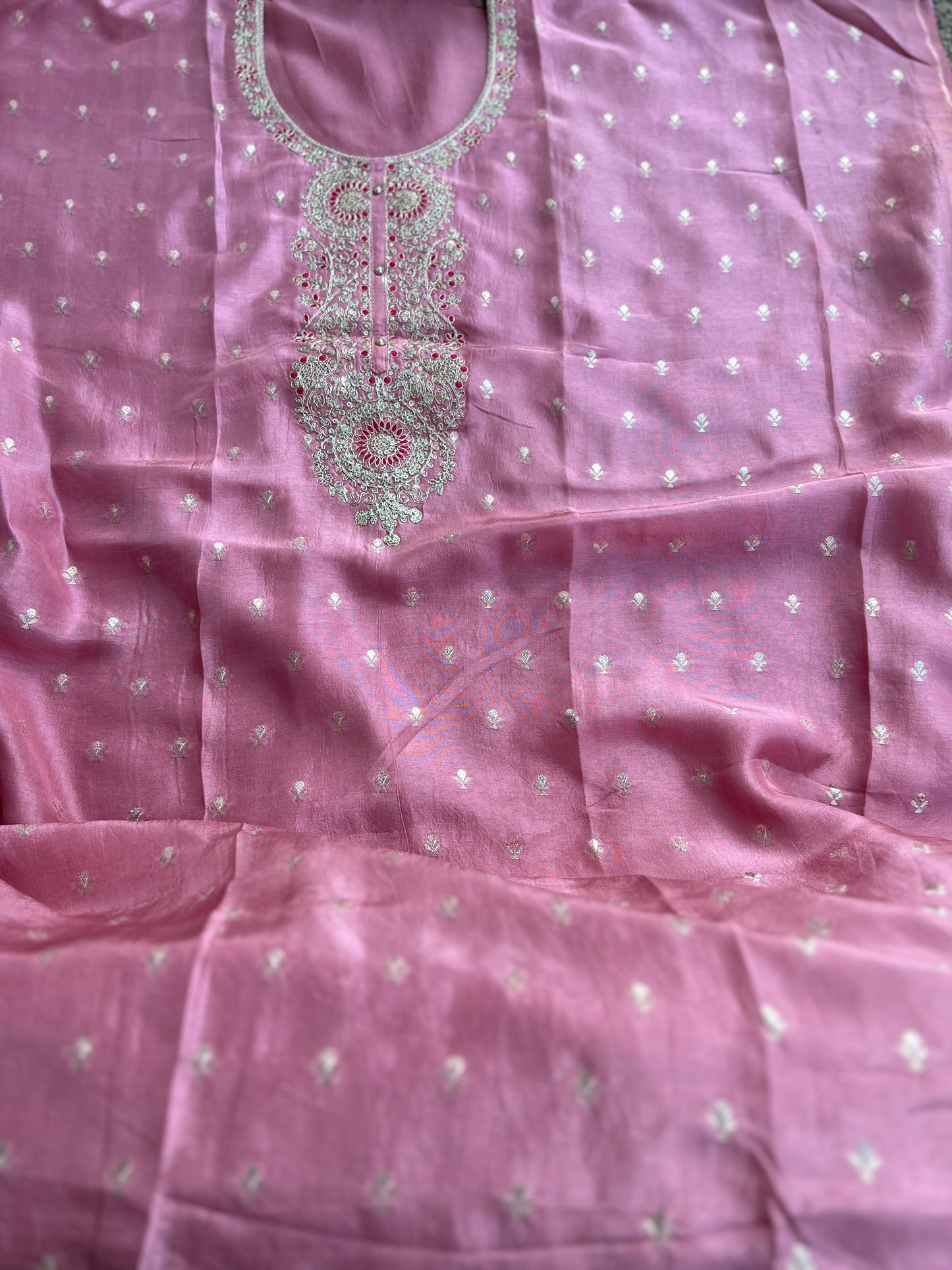Shimmer Silk Suit with Intricate Embroidered Neck & Dola Banarasi Dupatta