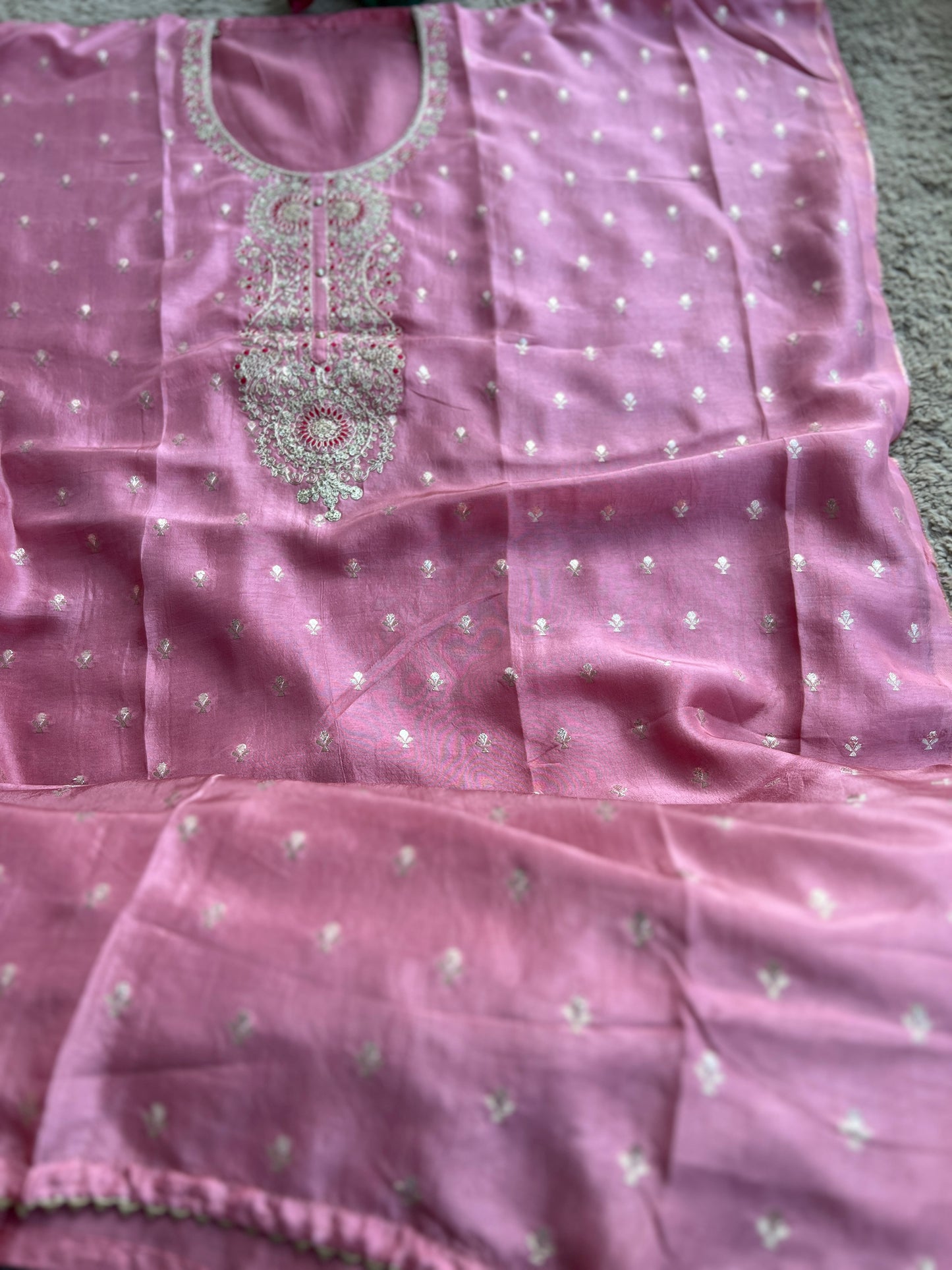 Shimmer Silk Suit with Intricate Embroidered Neck & Dola Banarasi Dupatta