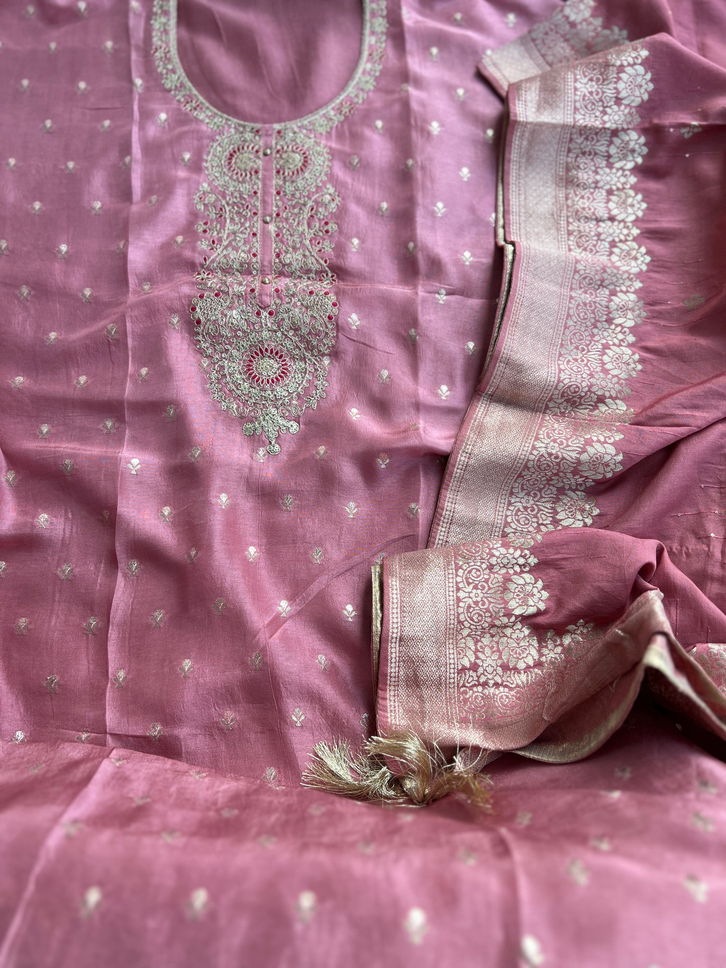 Shimmer Silk Suit with Intricate Embroidered Neck & Dola Banarasi Dupatta
