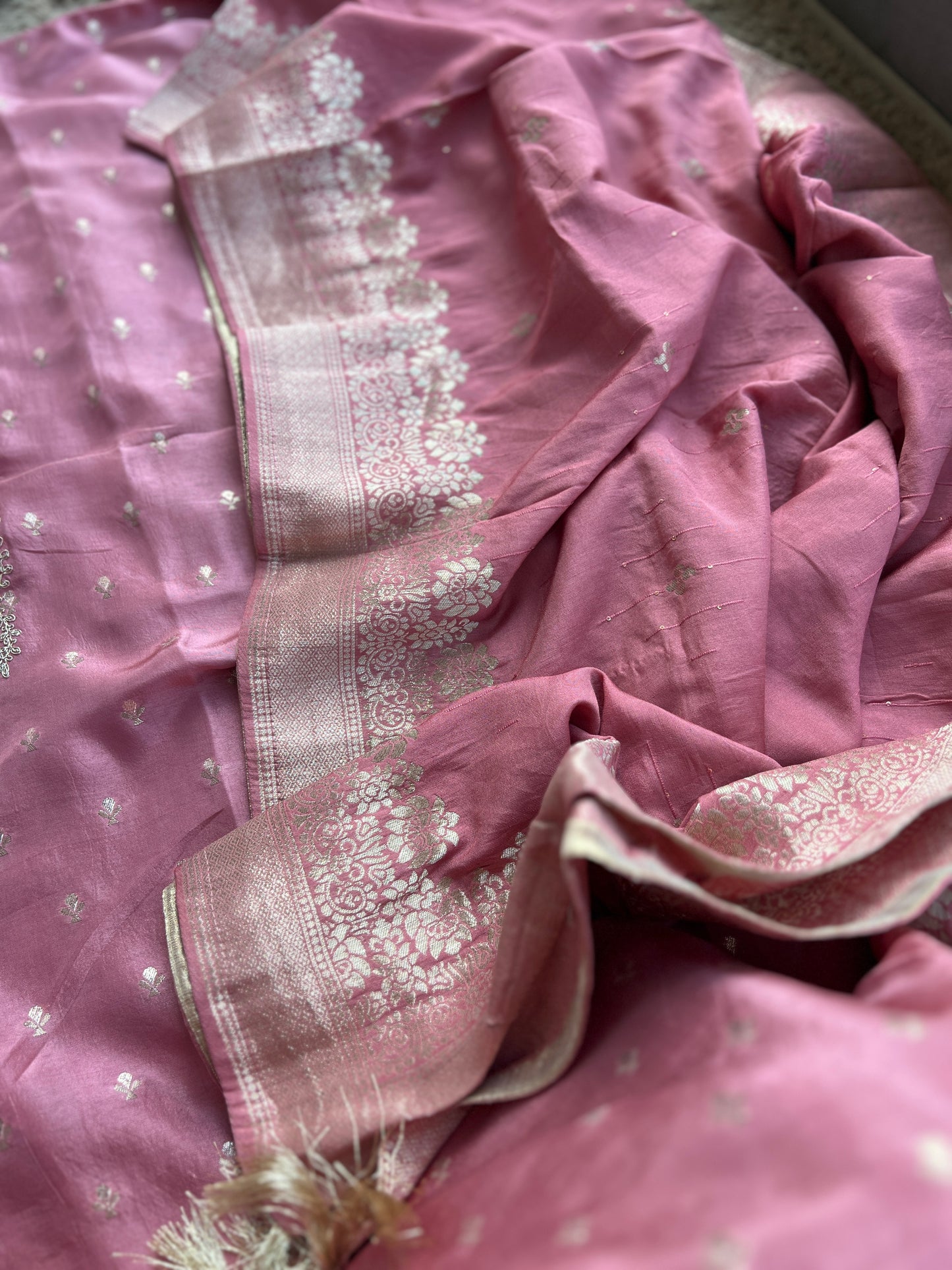 Shimmer Silk Suit with Intricate Embroidered Neck & Dola Banarasi Dupatta