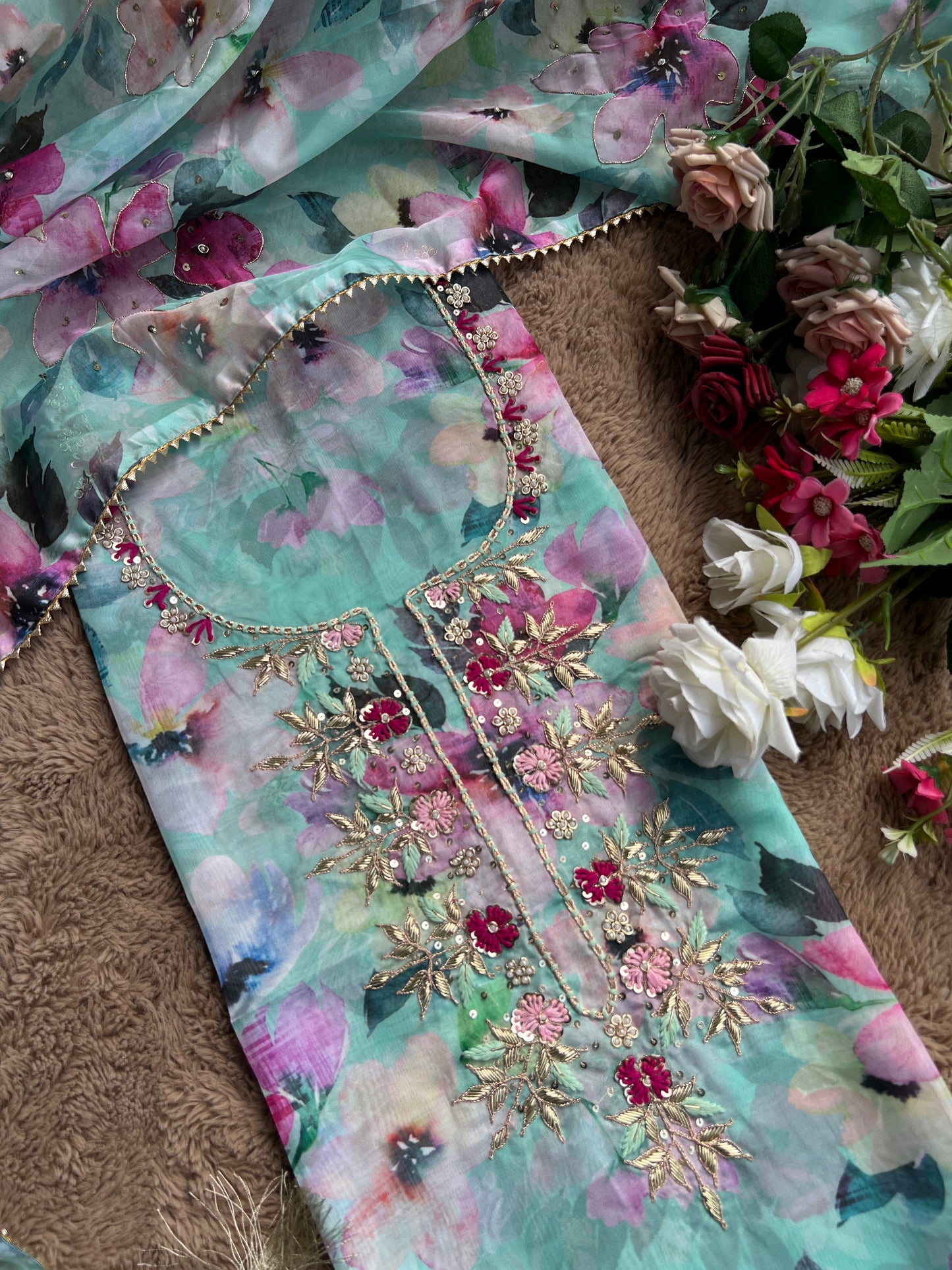 Graceful Soft Organza Suit with Floral Embroidery