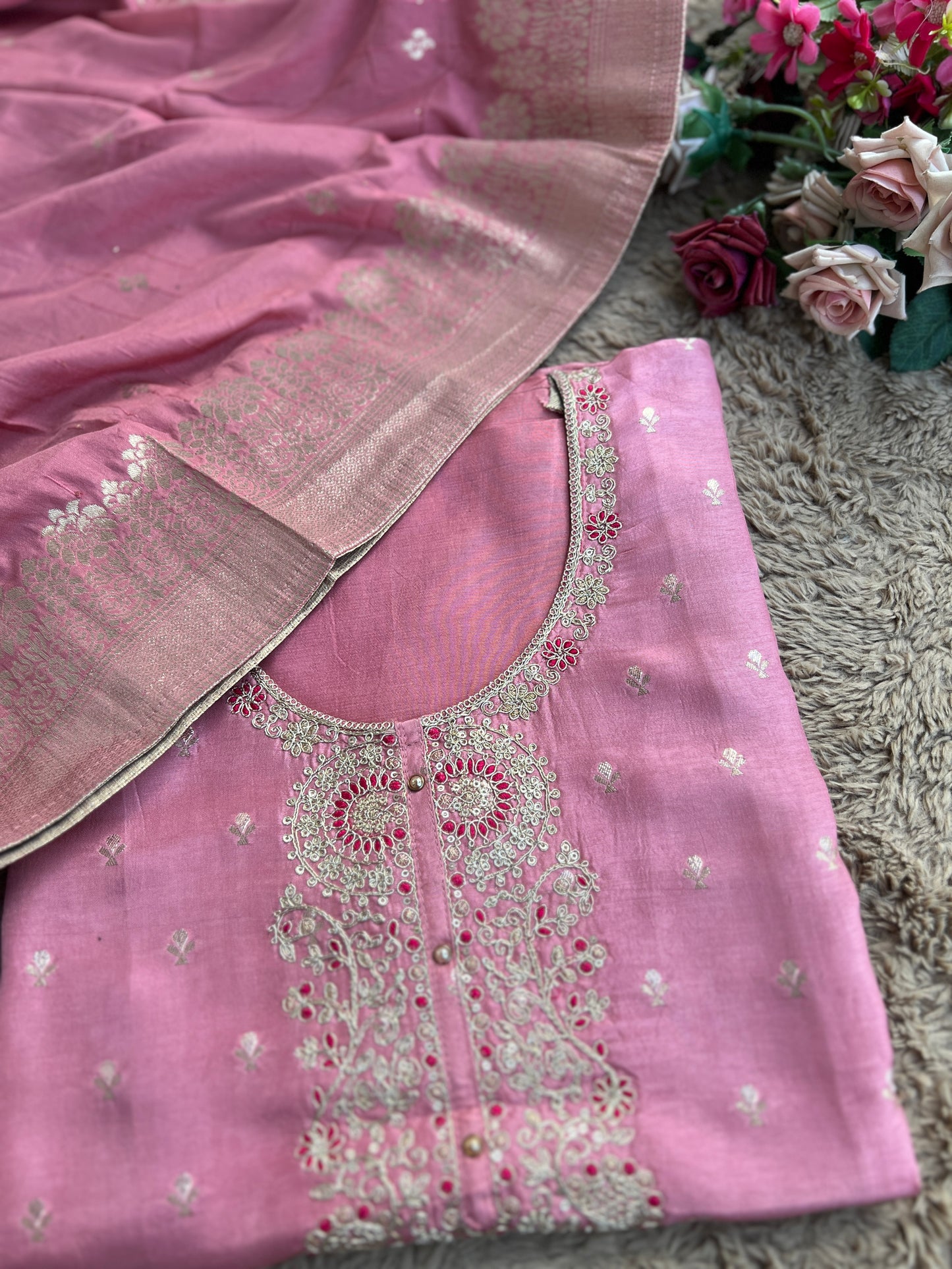 Shimmer Silk Suit with Intricate Embroidered Neck & Dola Banarasi Dupatta