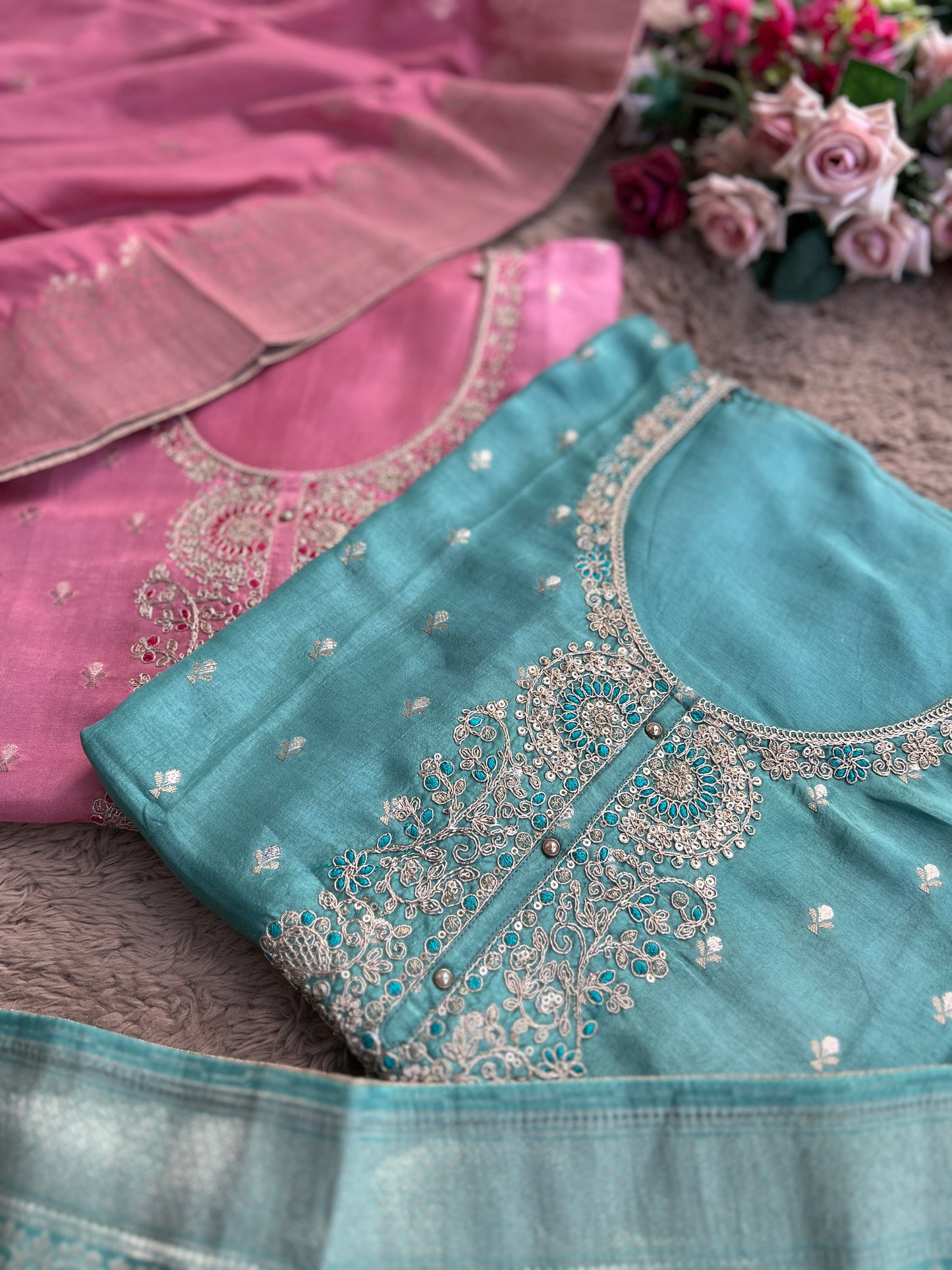 Shimmer Silk Suit with Intricate Embroidered Neck & Dola Banarasi Dupatta
