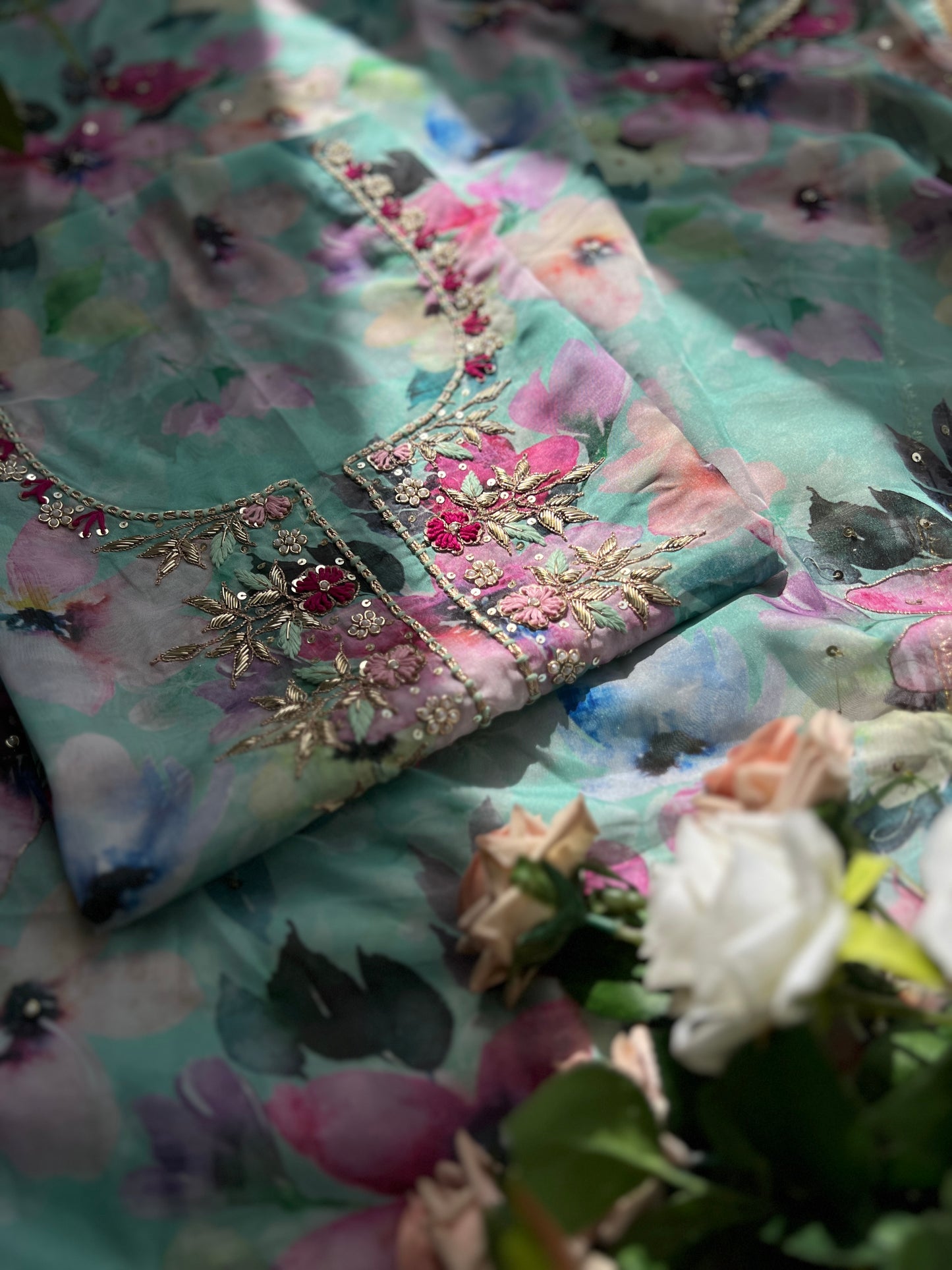 Graceful Soft Organza Suit with Floral Embroidery