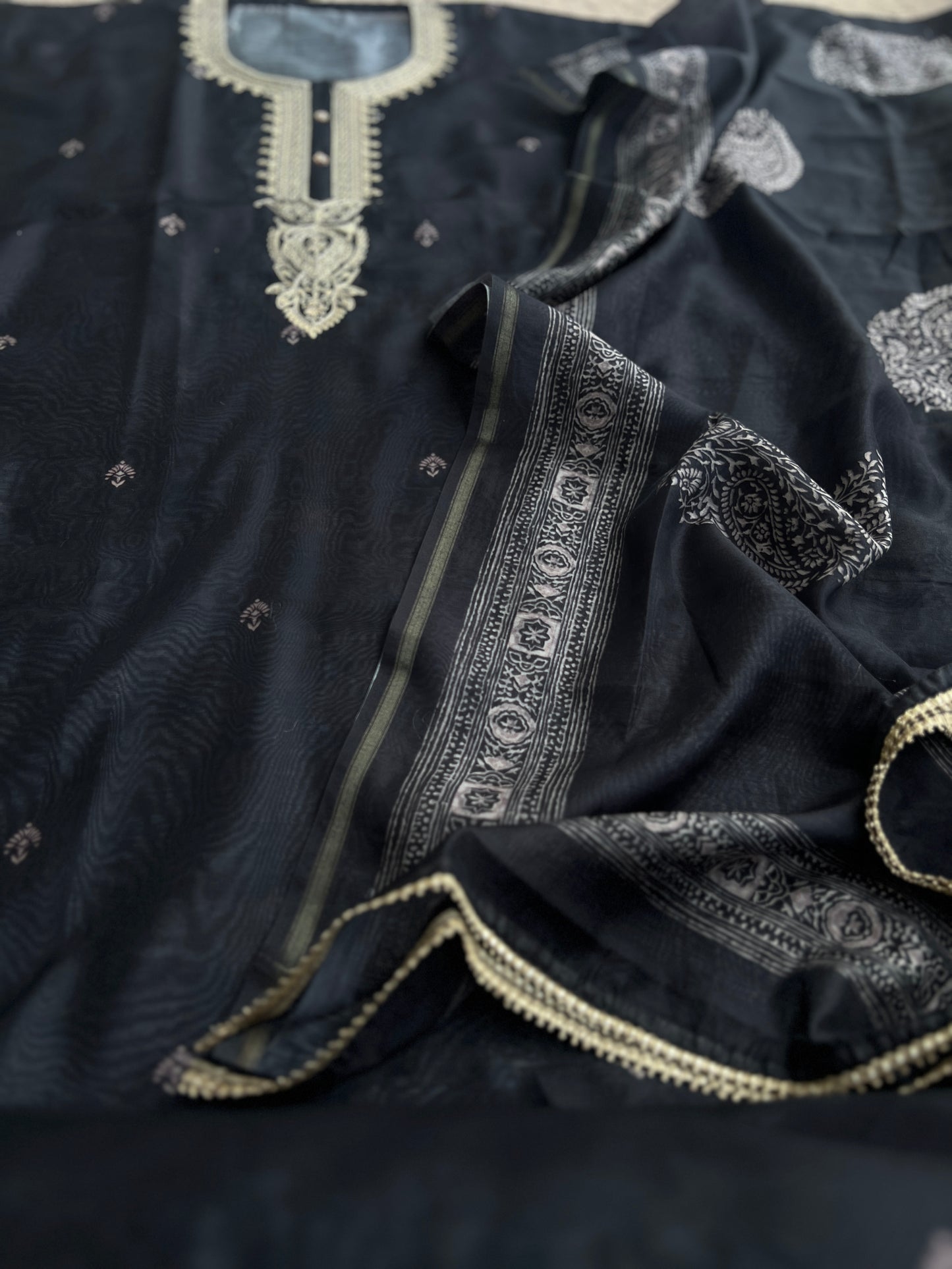 Graceful Black Chanderi Silk Suit with Intricate Coding Neck Works