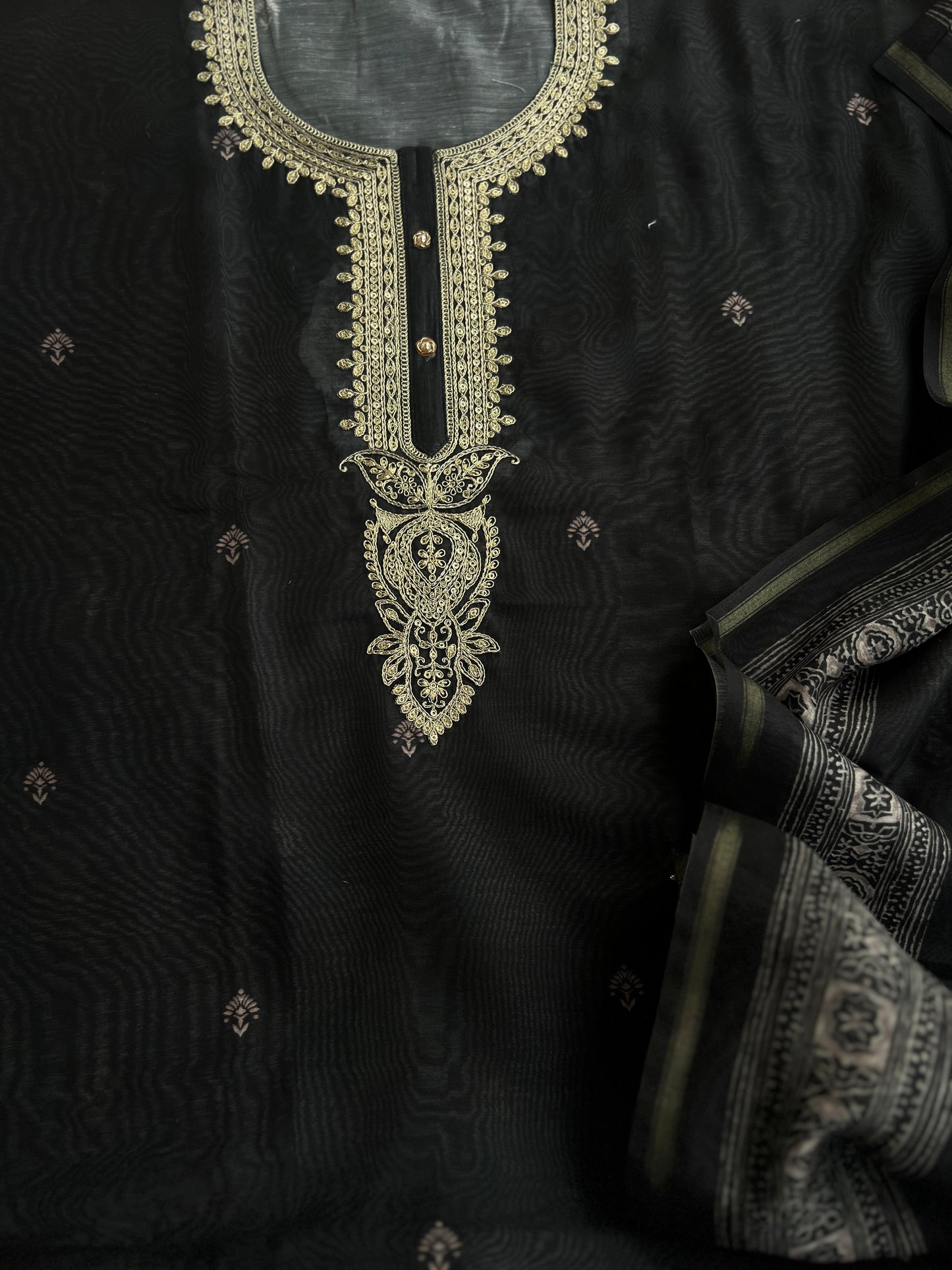 Graceful Black Chanderi Silk Suit with Intricate Coding Neck Works