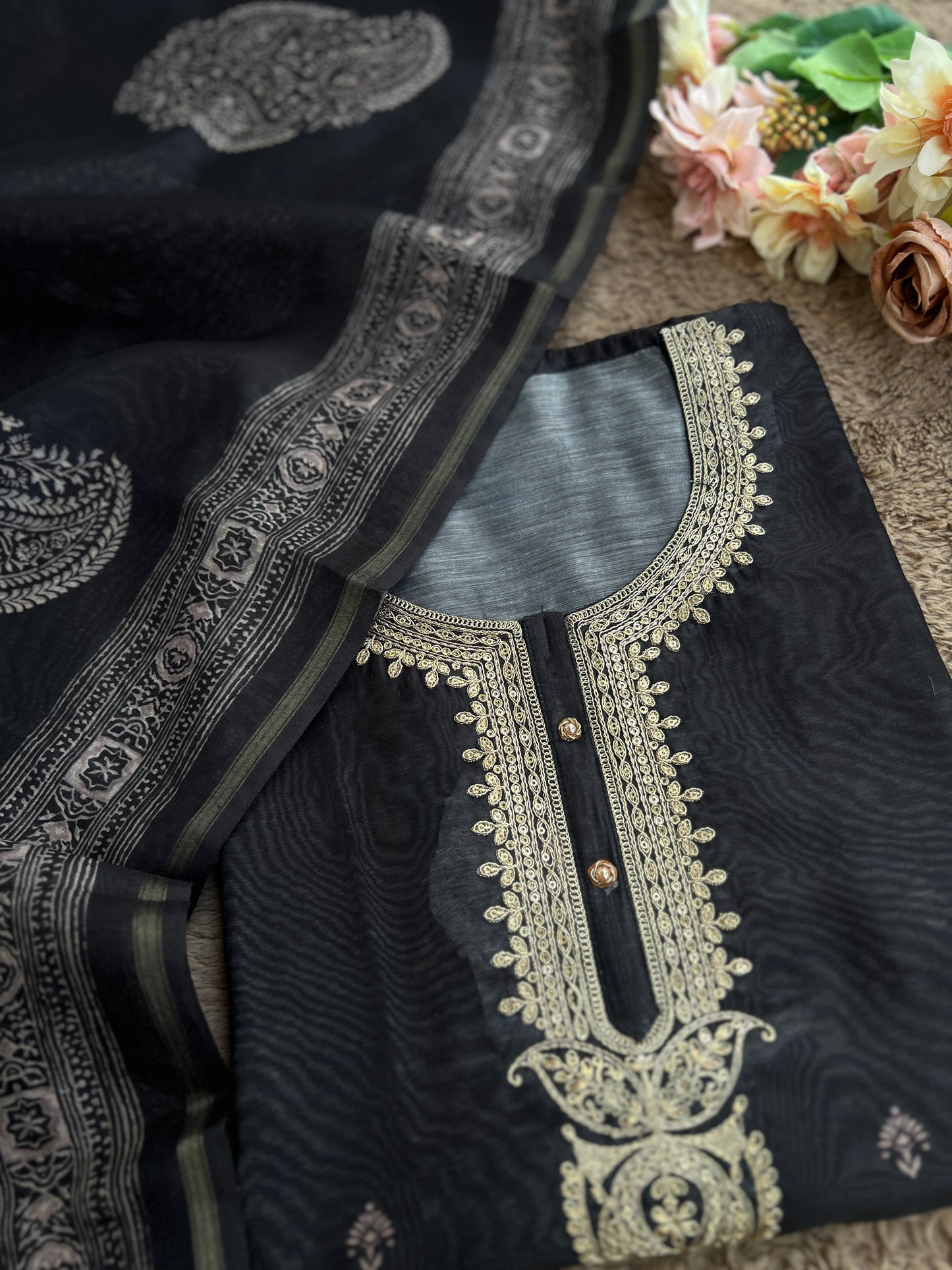 Graceful Black Chanderi Silk Suit with Intricate Coding Neck Works