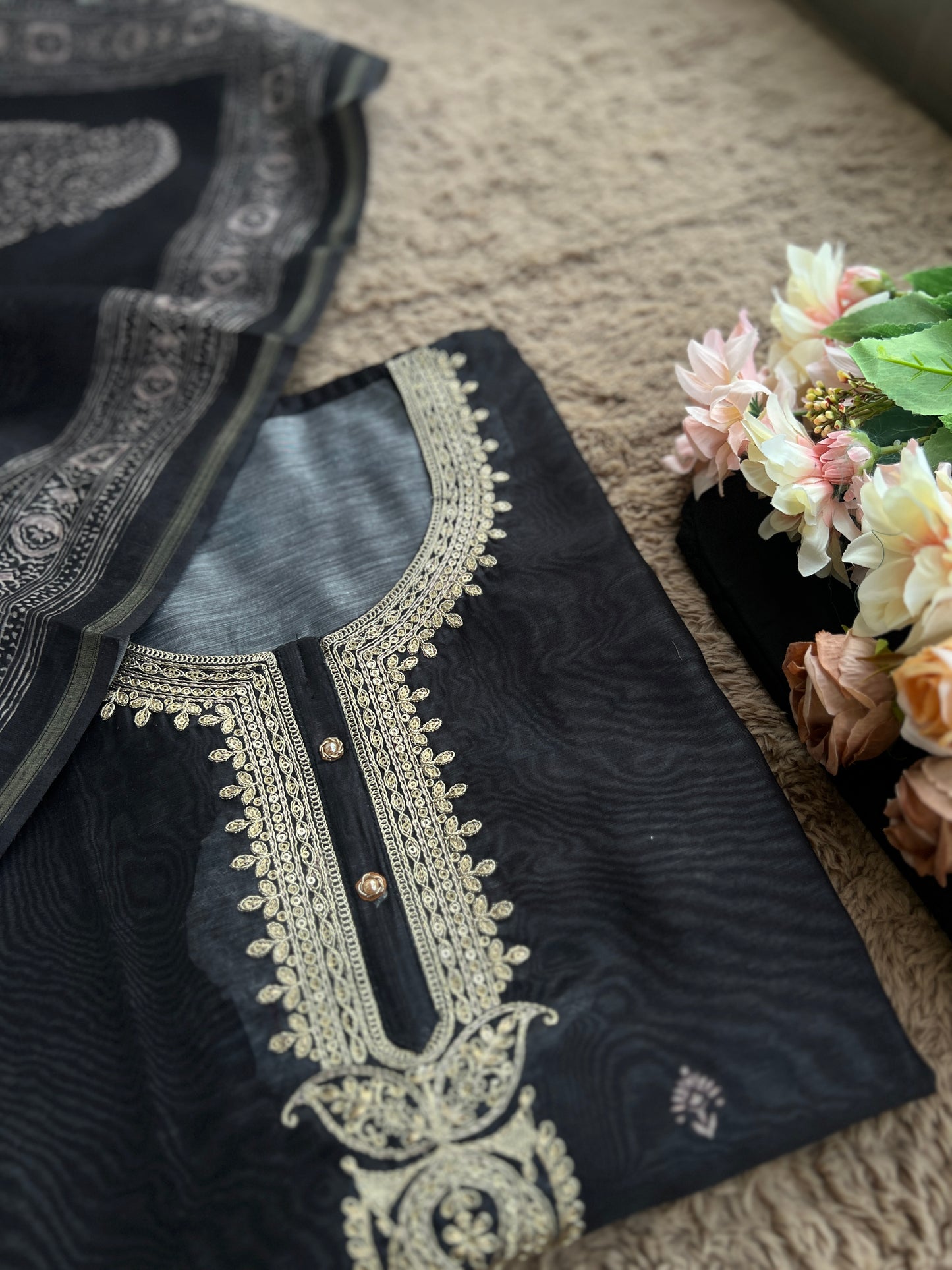 Graceful Black Chanderi Silk Suit with Intricate Coding Neck Works