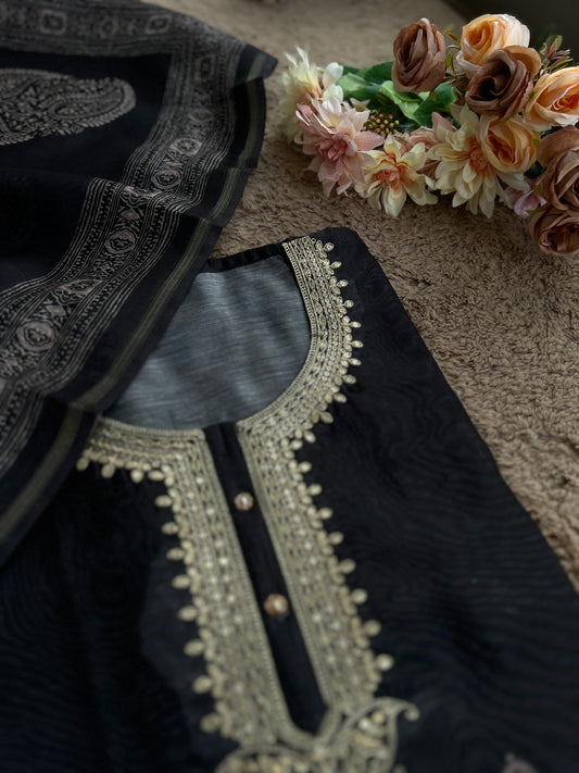 Graceful Black Chanderi Silk Suit with Intricate Coding Neck Works