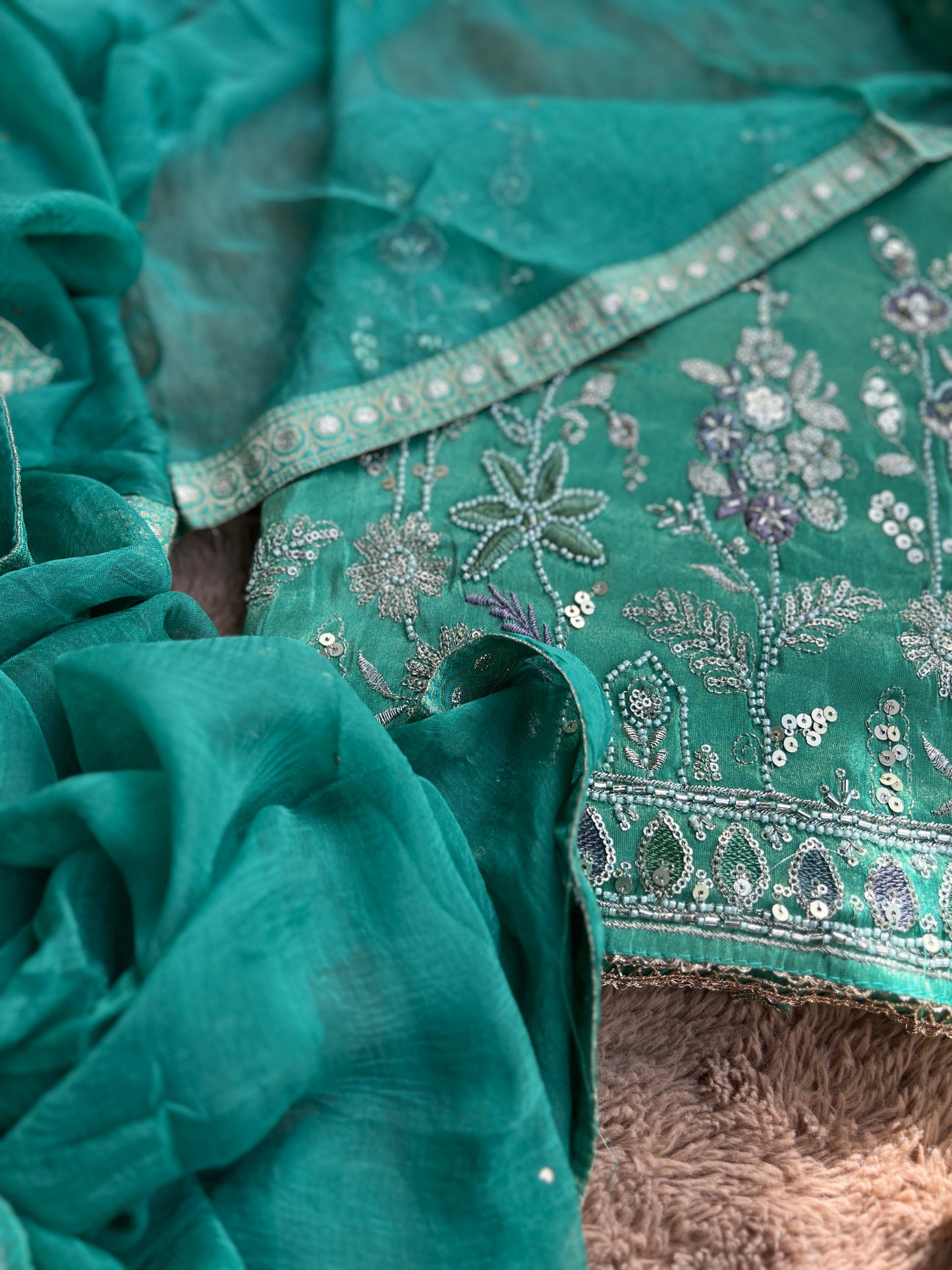 Green Shimmer Silk Ensemble with Beaded Elegance