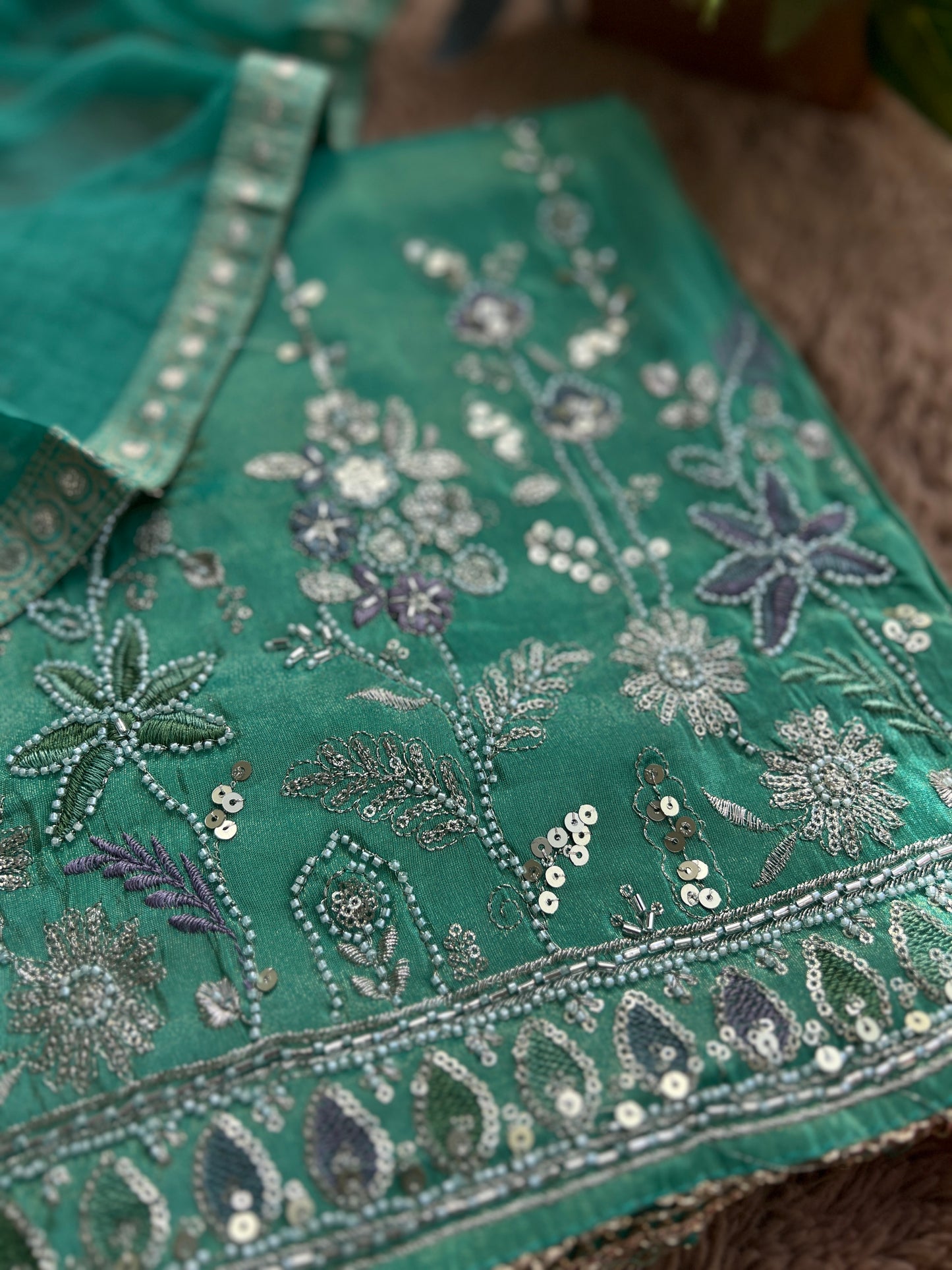 Green Shimmer Silk Ensemble with Beaded Elegance