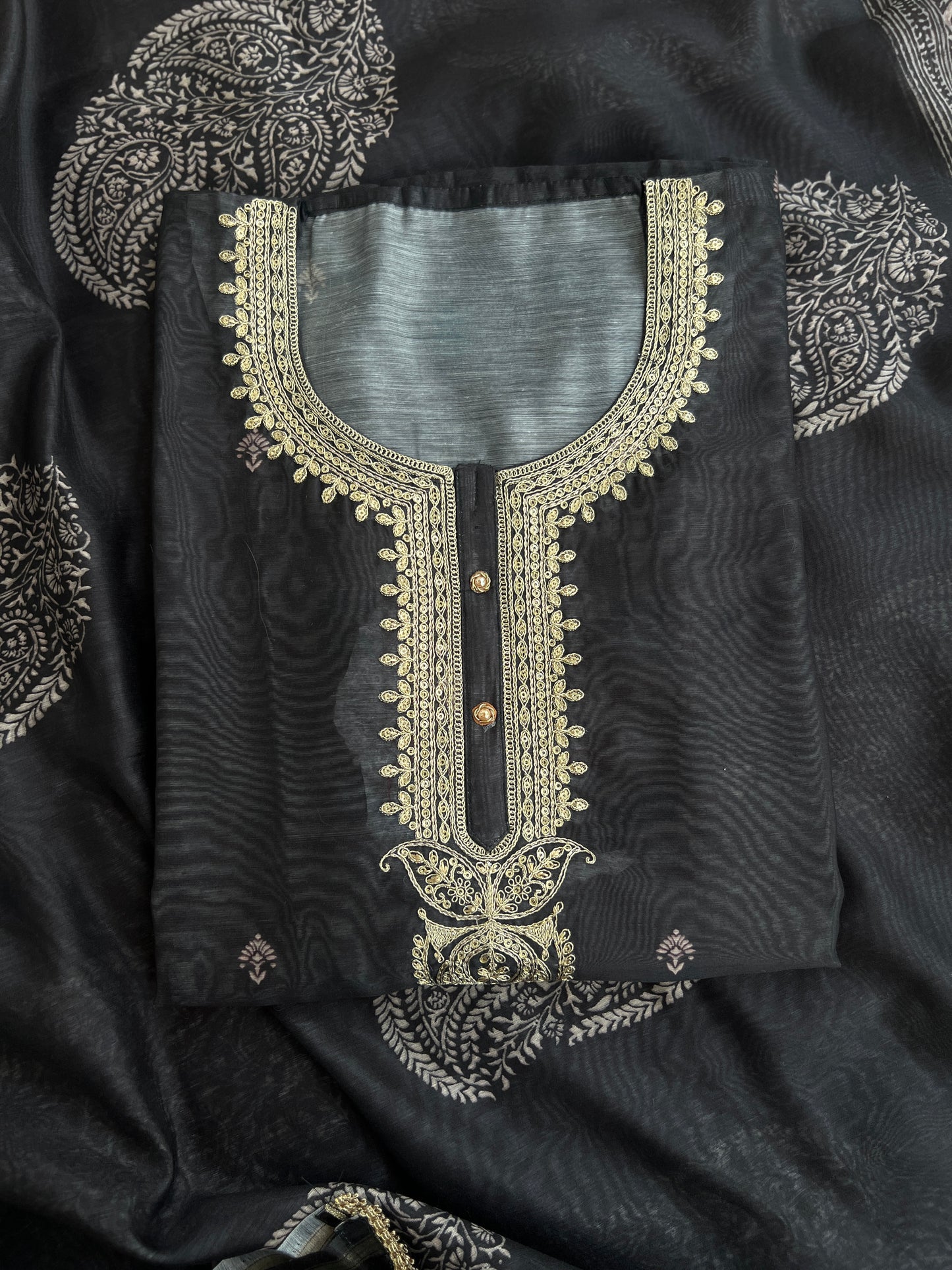 Graceful Black Chanderi Silk Suit with Intricate Coding Neck Works