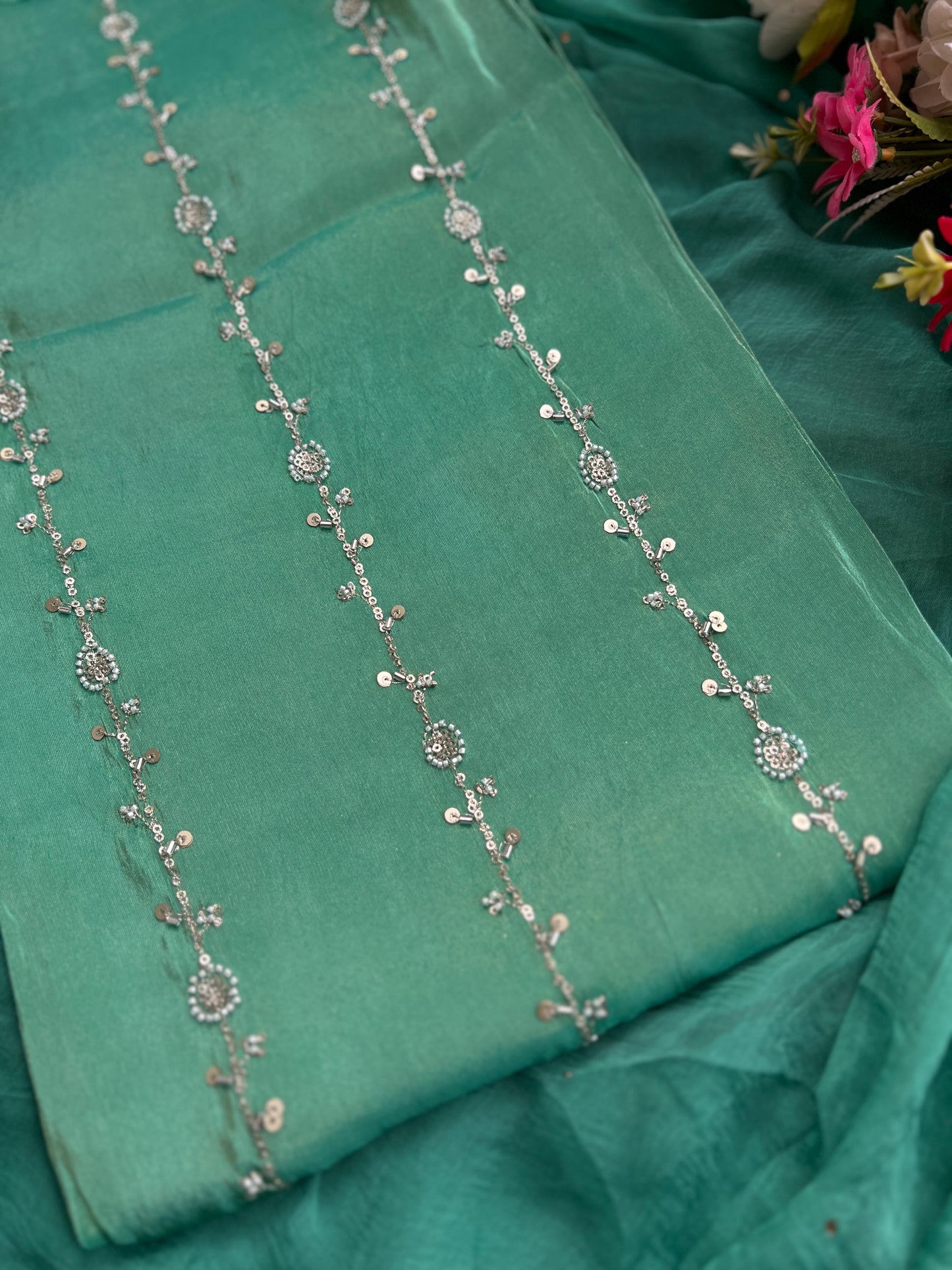 Green Shimmer Silk Ensemble with Beaded Elegance