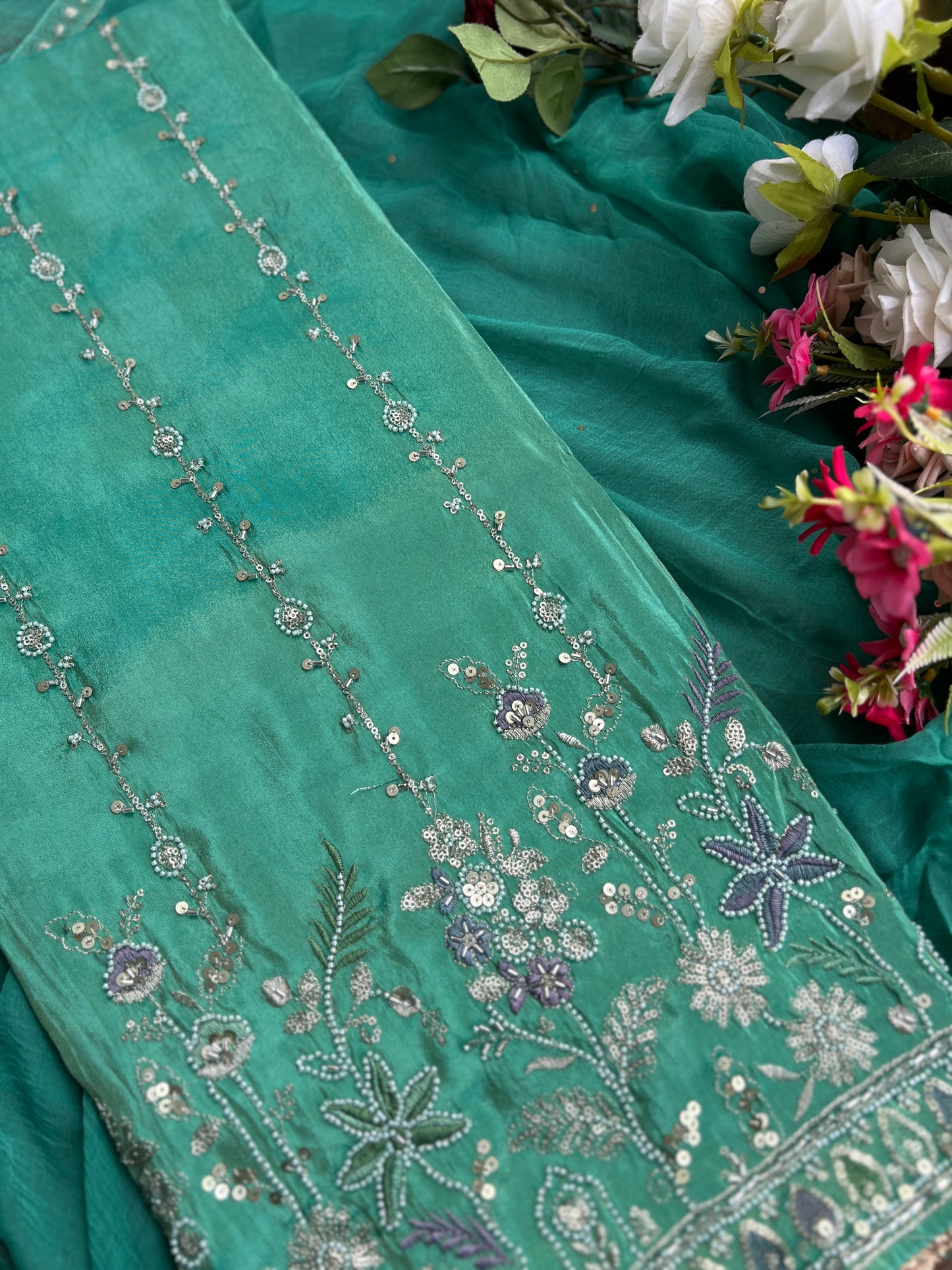 Green Shimmer Silk Ensemble with Beaded Elegance