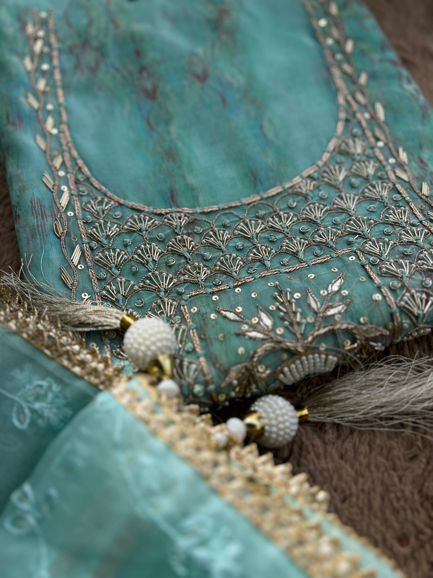 Ethereal Soft Organza Handcrafted Ensemble in Pista Green