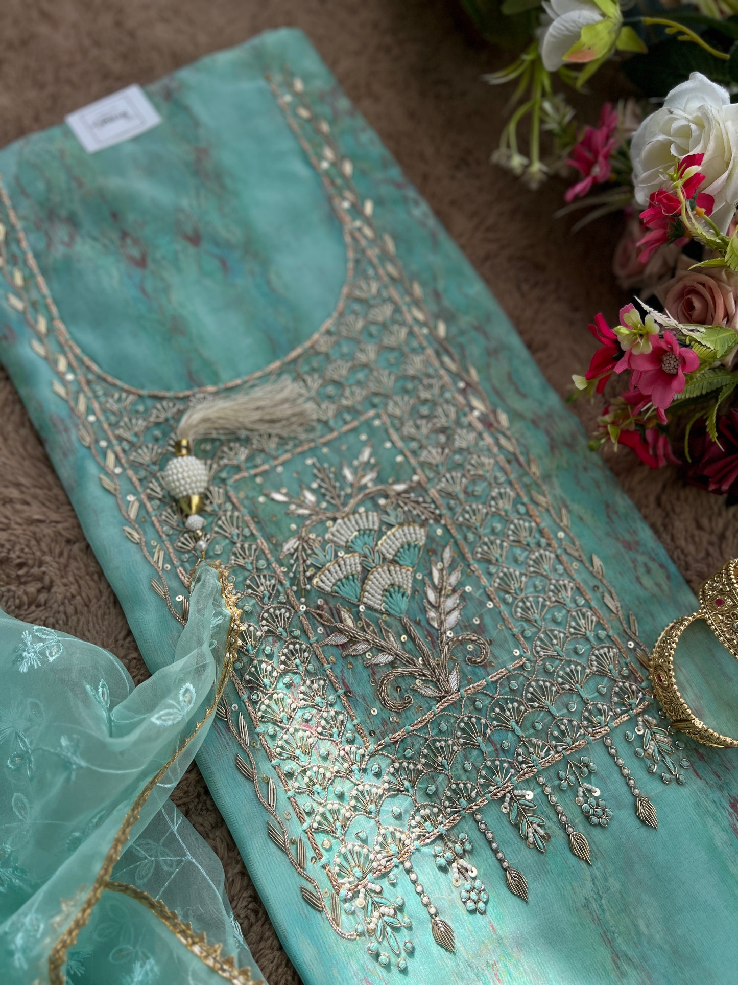 Ethereal Soft Organza Handcrafted Ensemble in Pista Green