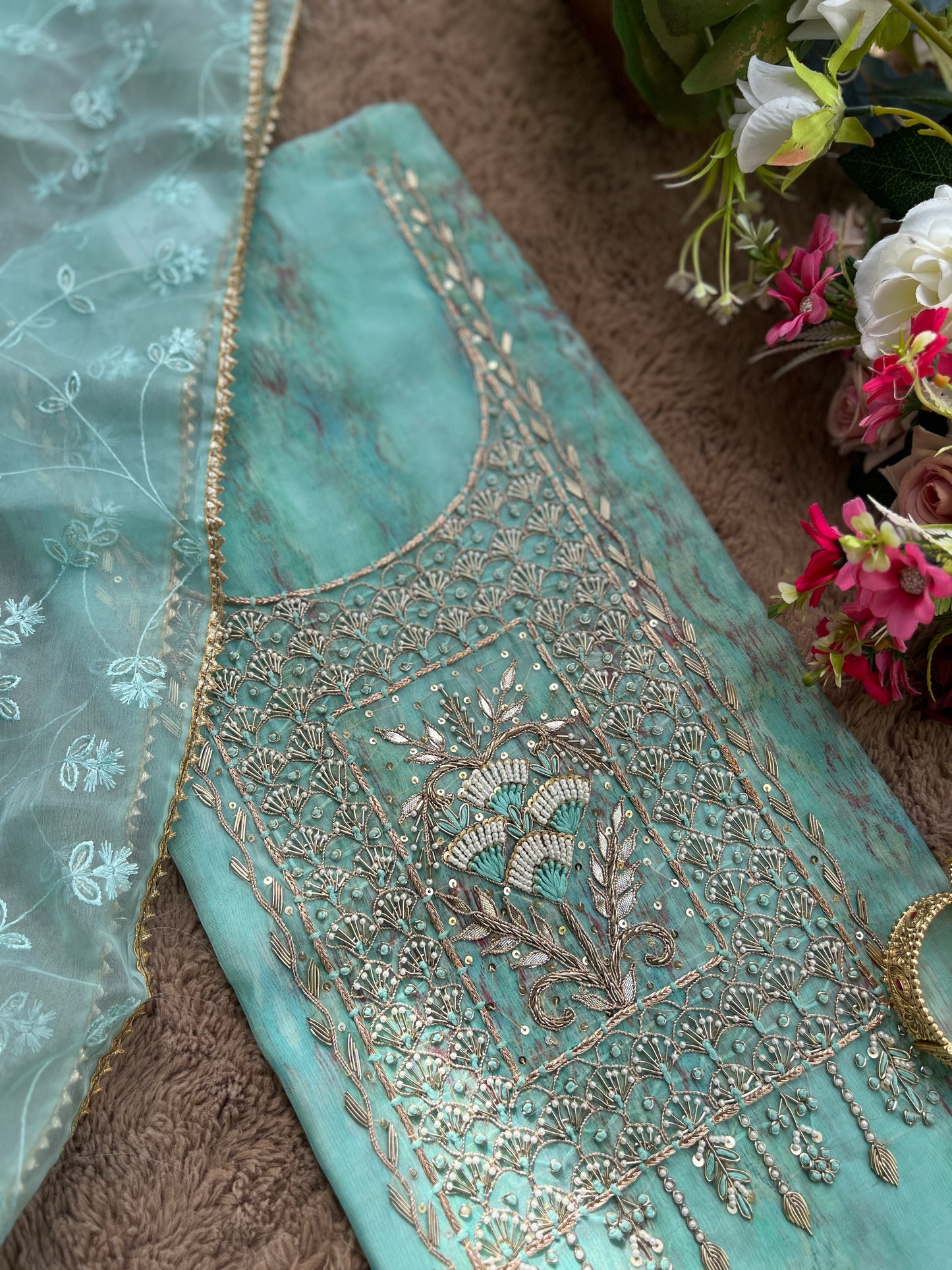 Ethereal Soft Organza Handcrafted Ensemble in Pista Green