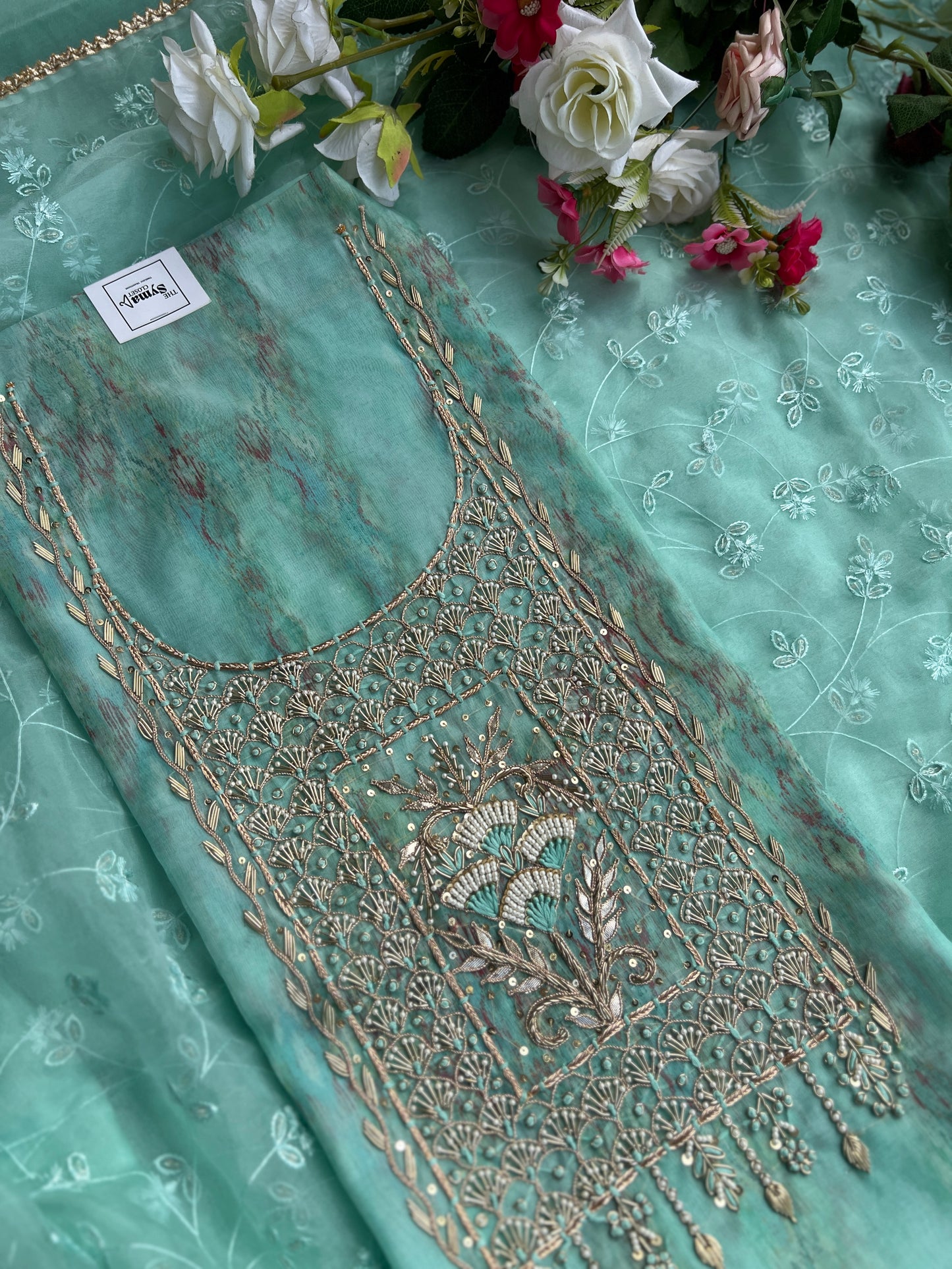 Ethereal Soft Organza Handcrafted Ensemble in Pista Green