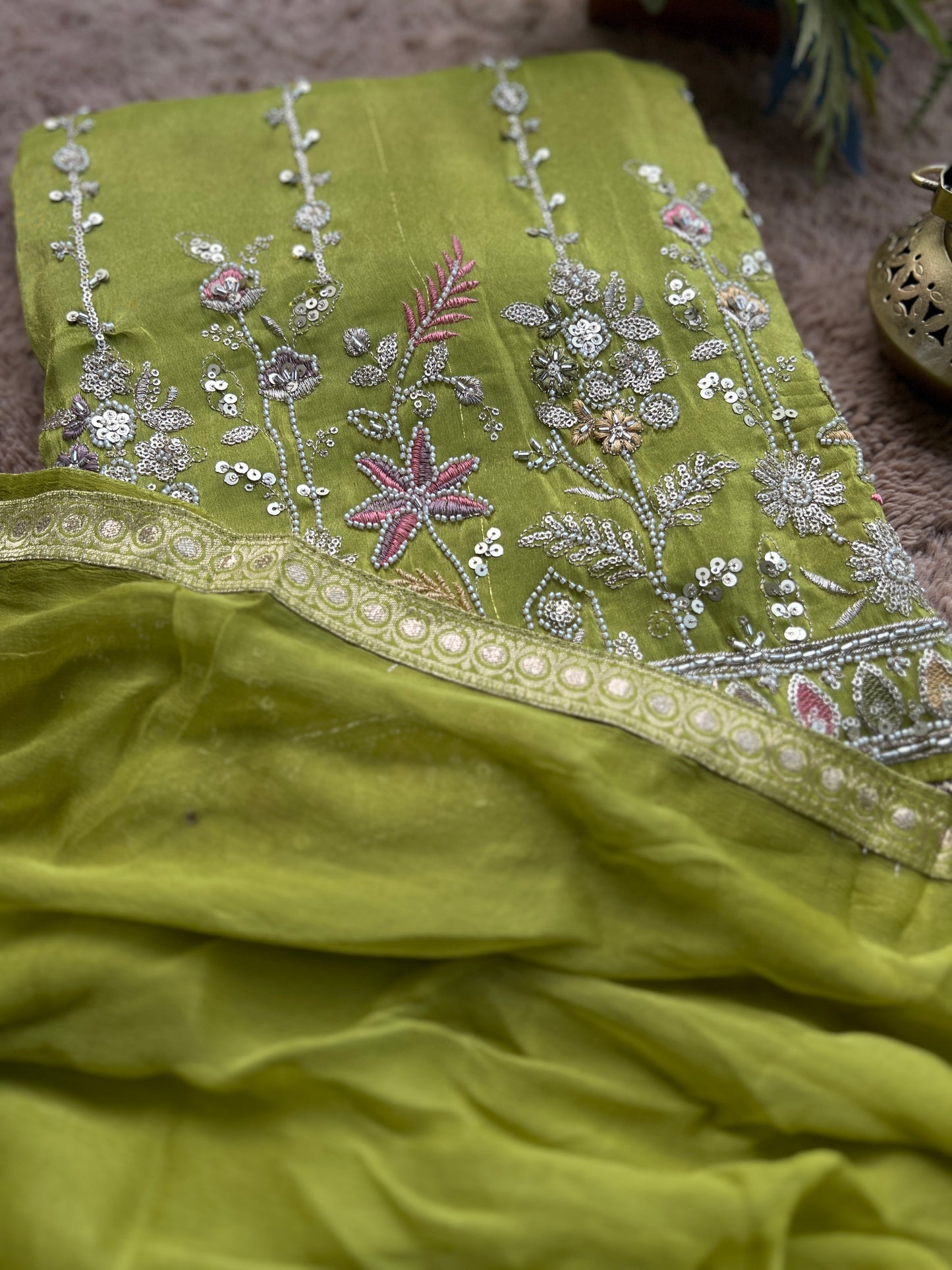 Radiant Shimmer Silk Ensemble with Beaded Elegance